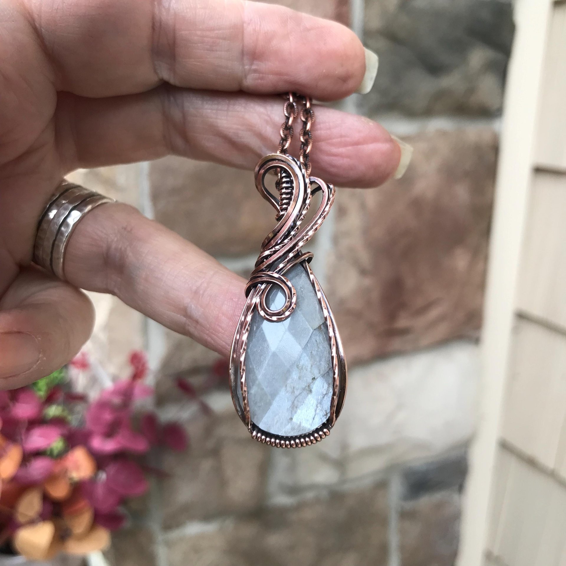 Gray Faceted Moonstone Copper Pendant