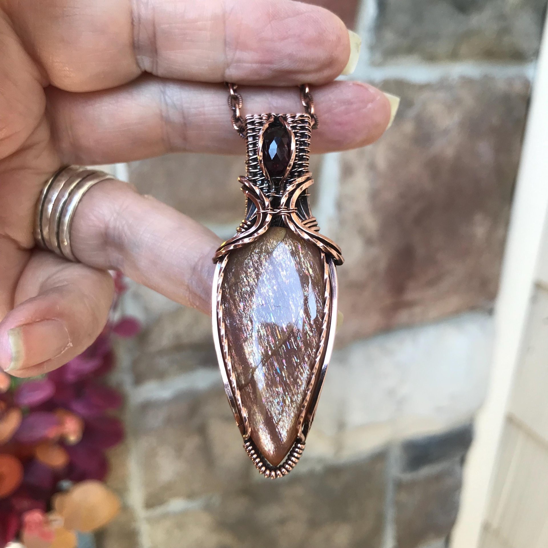 Golden Sunstone & Garnet Copper Pendant with Weaving
