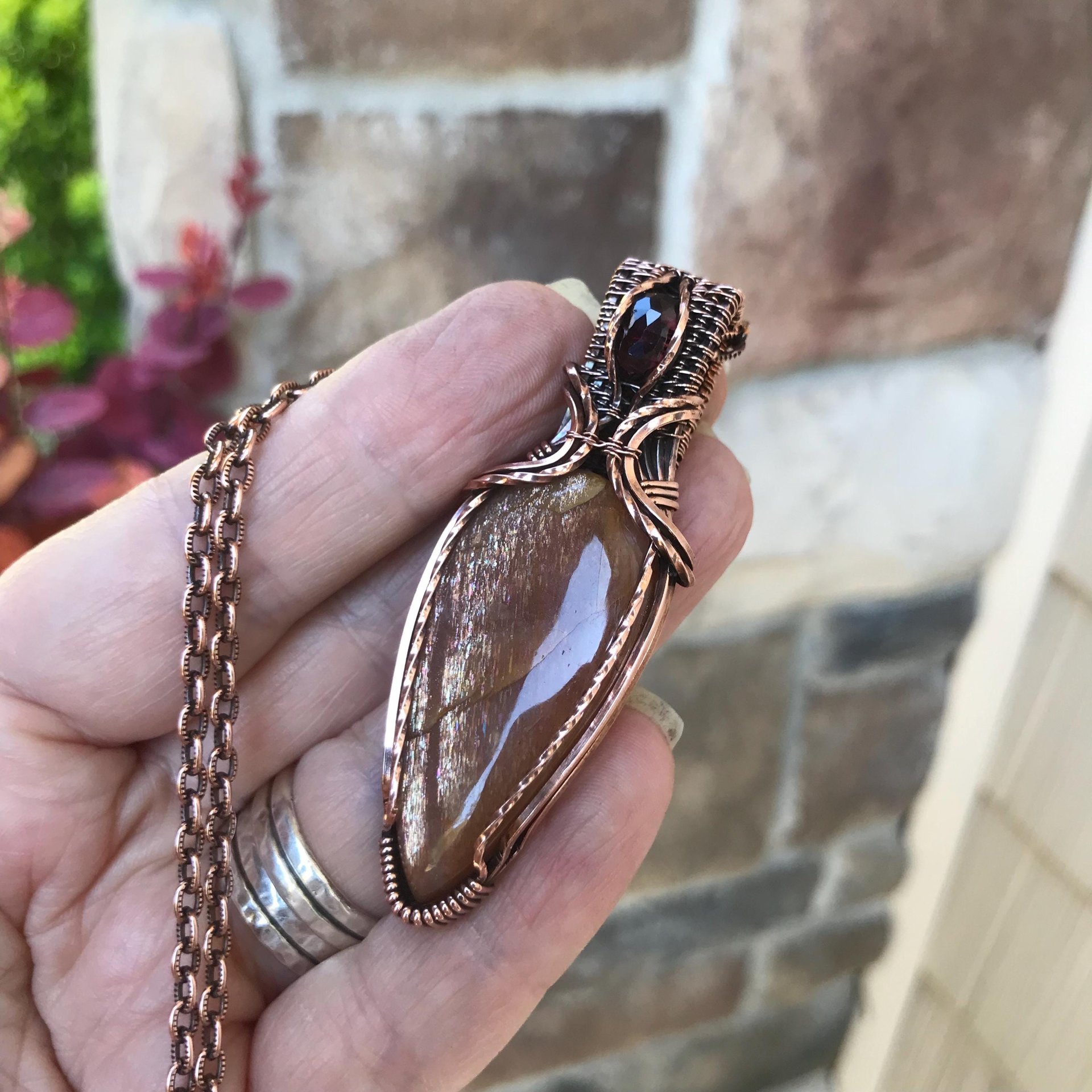 Golden Sunstone & Garnet Copper Pendant with Weaving