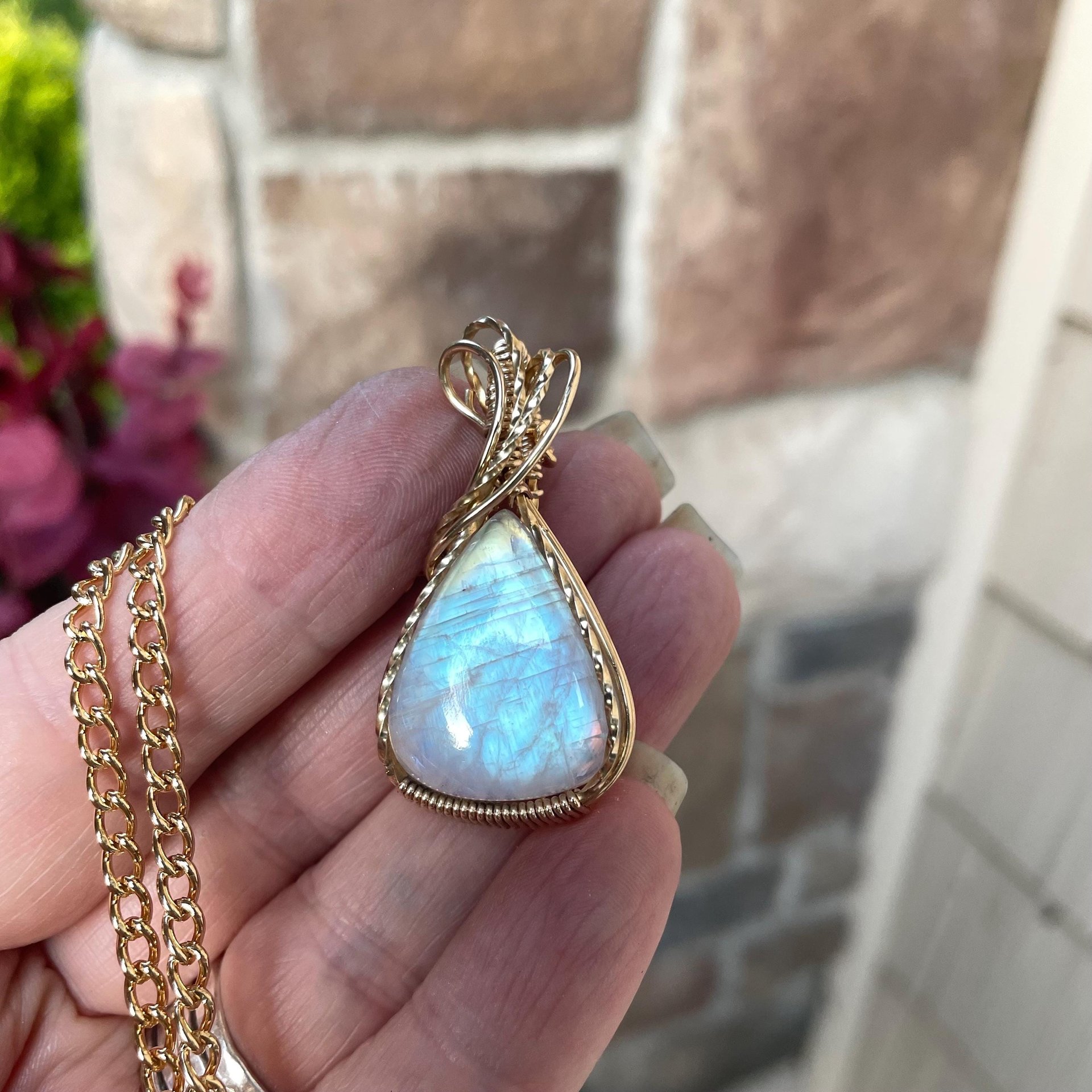 Rainbow Moonstone Brass Pendant