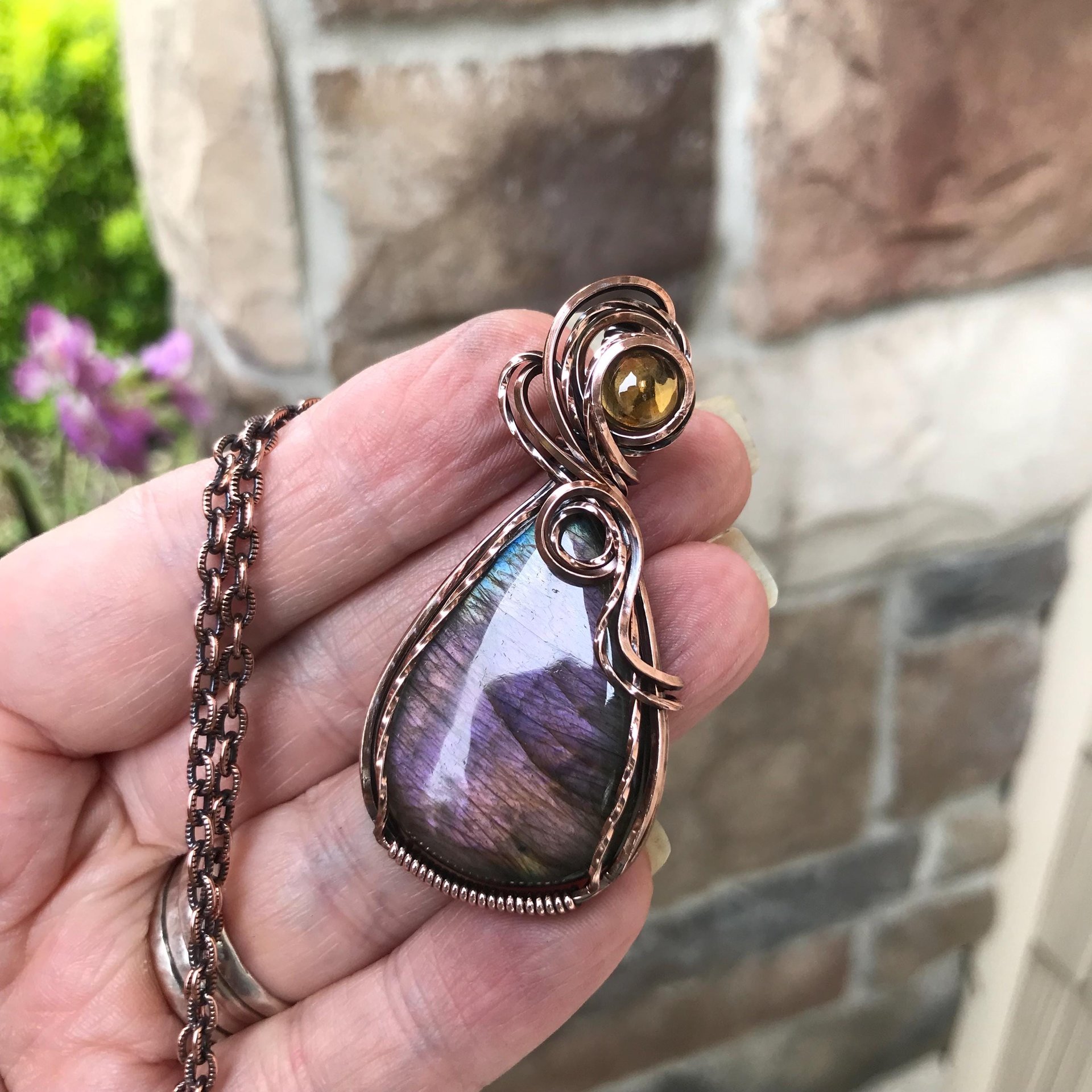 SOLD - Purple Orange Labradorite & Citrine Copper Pendant