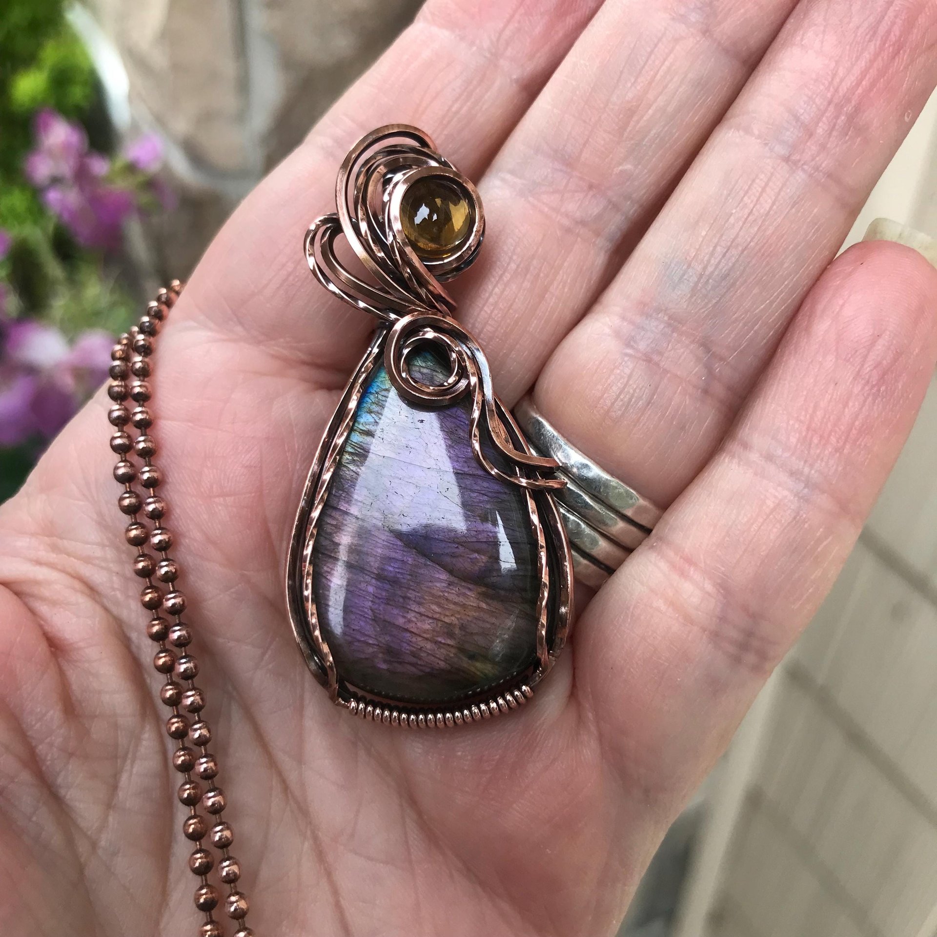 SOLD - Purple Orange Labradorite & Citrine Copper Pendant