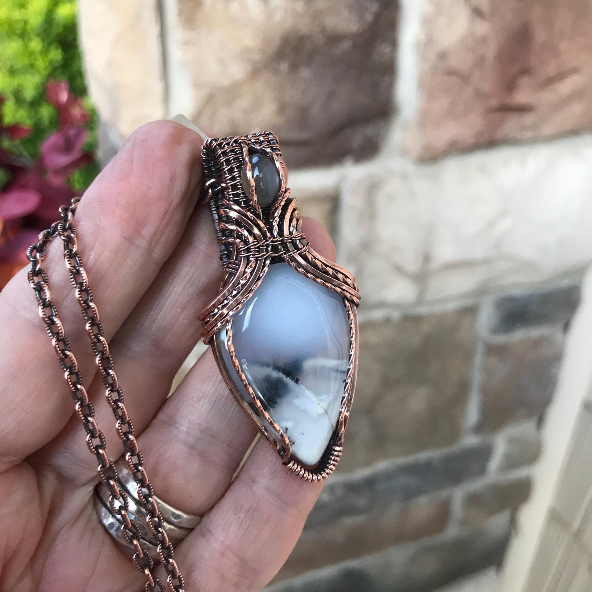 Dendritic Opal  & Gray Moonstone Copper Pendant with Weaving
