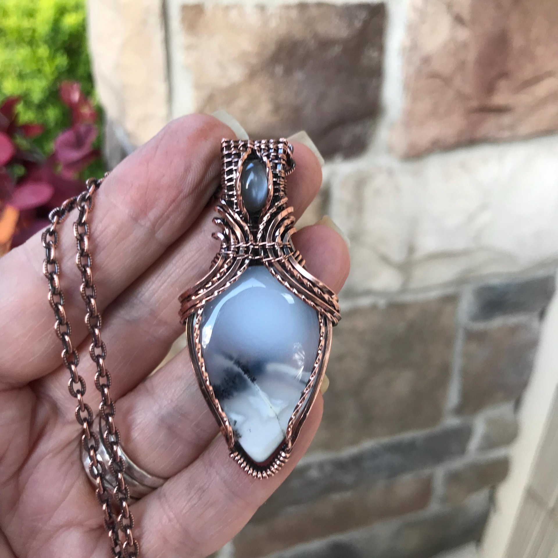 Dendritic Opal  & Gray Moonstone Copper Pendant with Weaving
