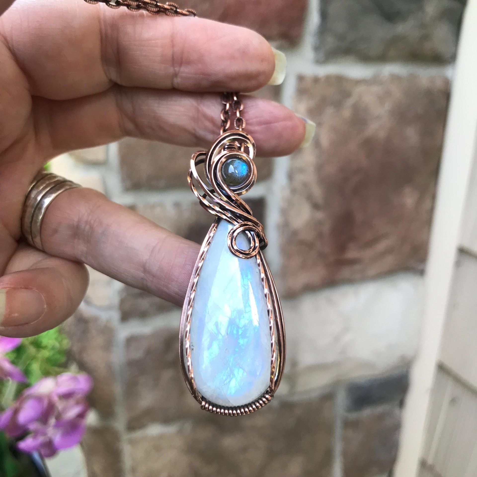 Rainbow Moonstone & Labradorite Teardrop Copper Pendant