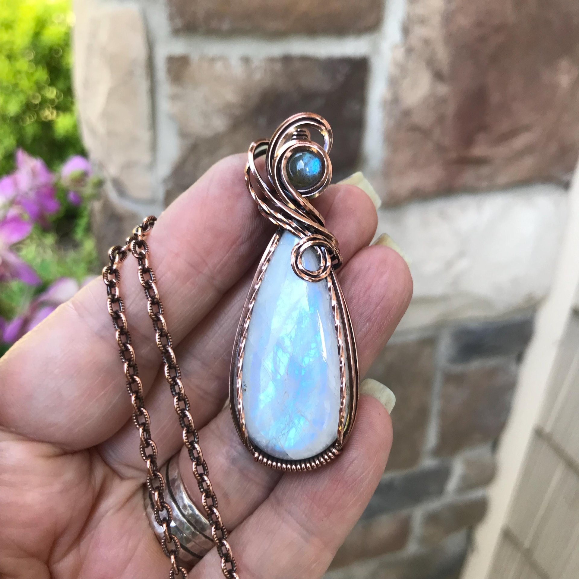 Rainbow Moonstone & Labradorite Teardrop Copper Pendant
