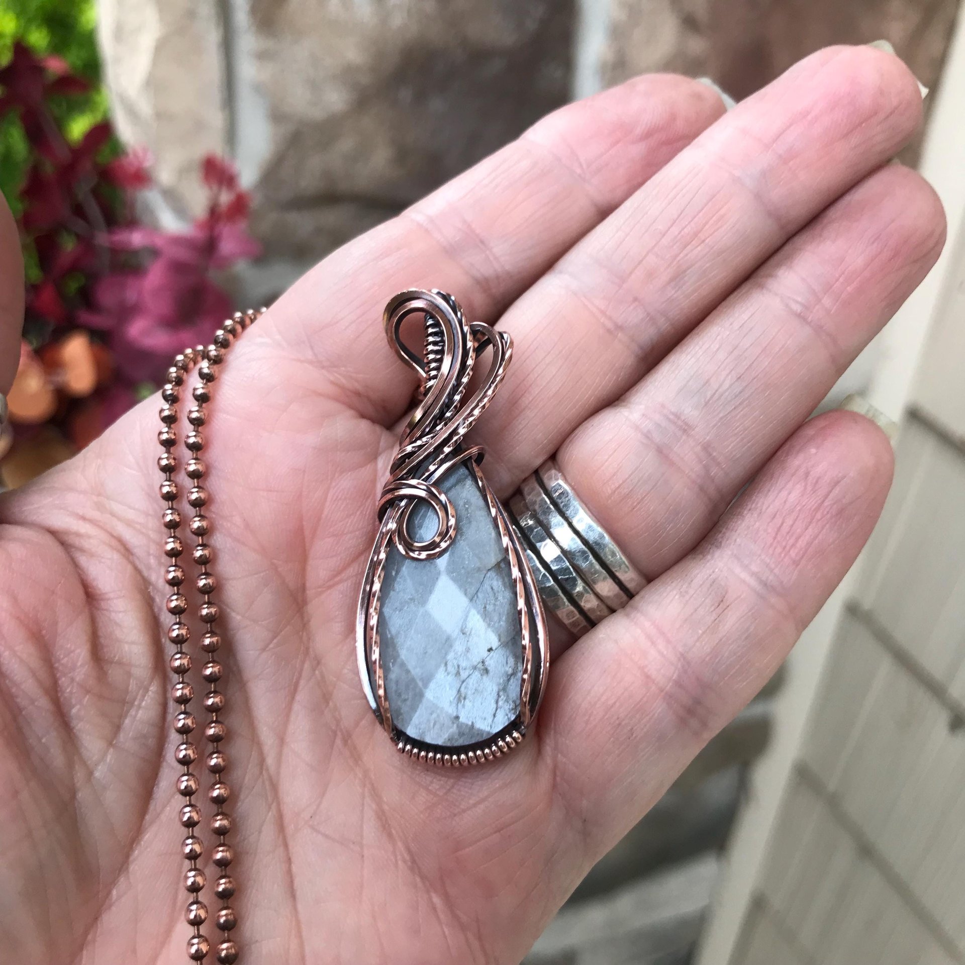Gray Faceted Moonstone Copper Pendant