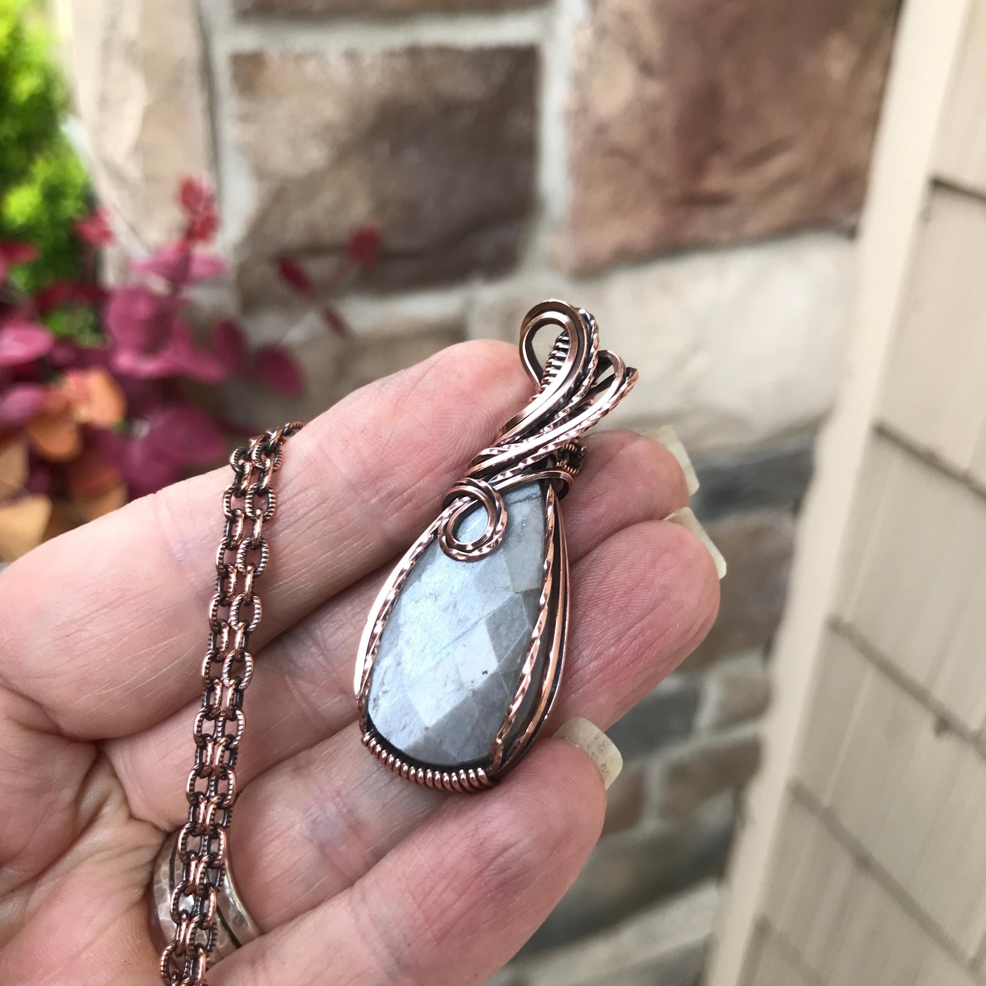 Gray Faceted Moonstone Copper Pendant