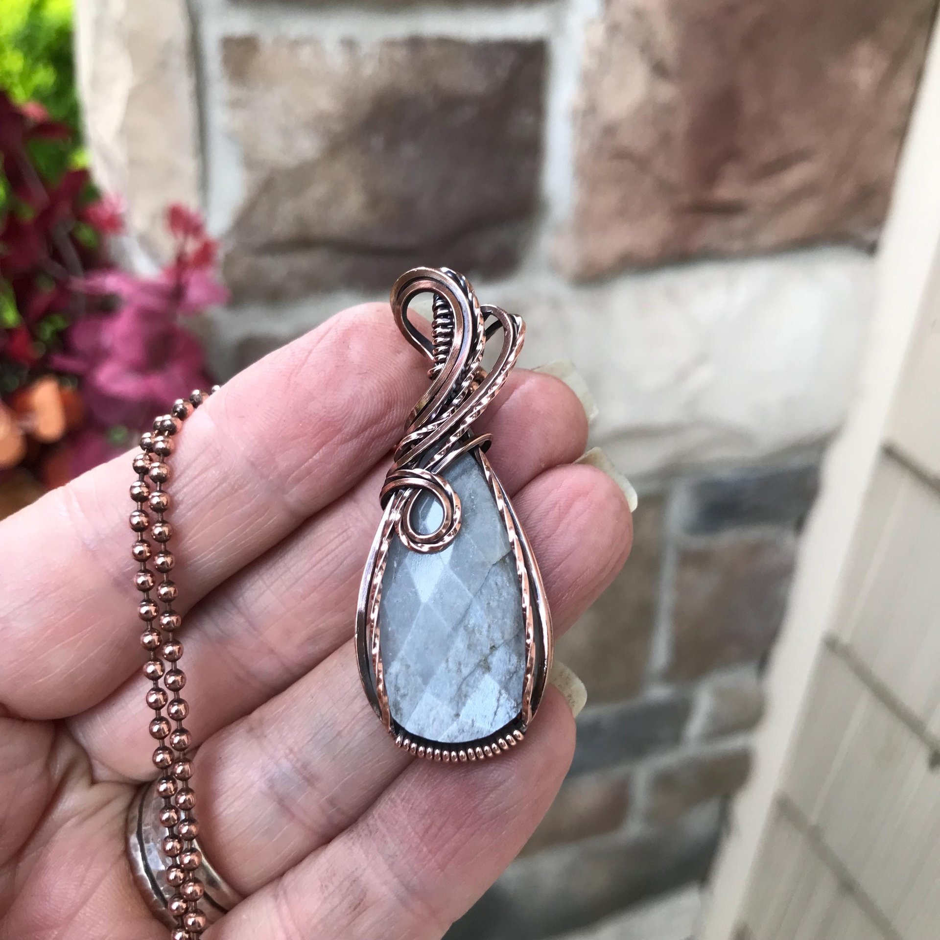 Gray Faceted Moonstone Copper Pendant