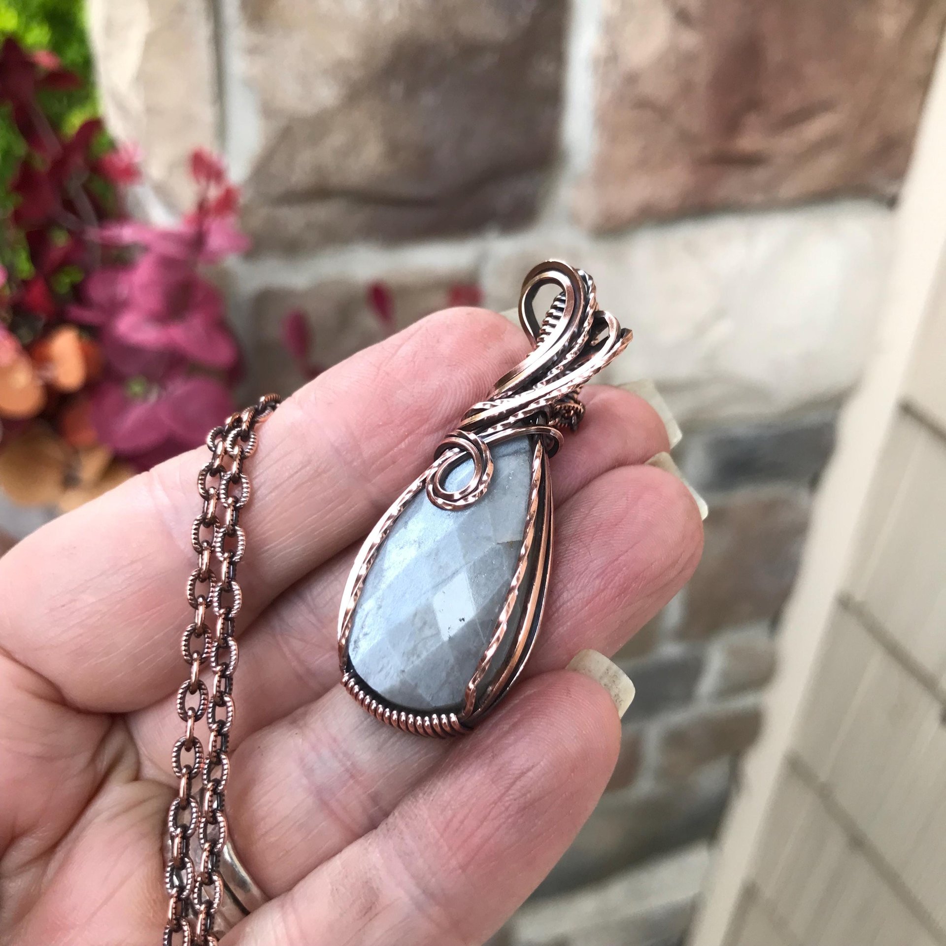 Gray Faceted Moonstone Copper Pendant