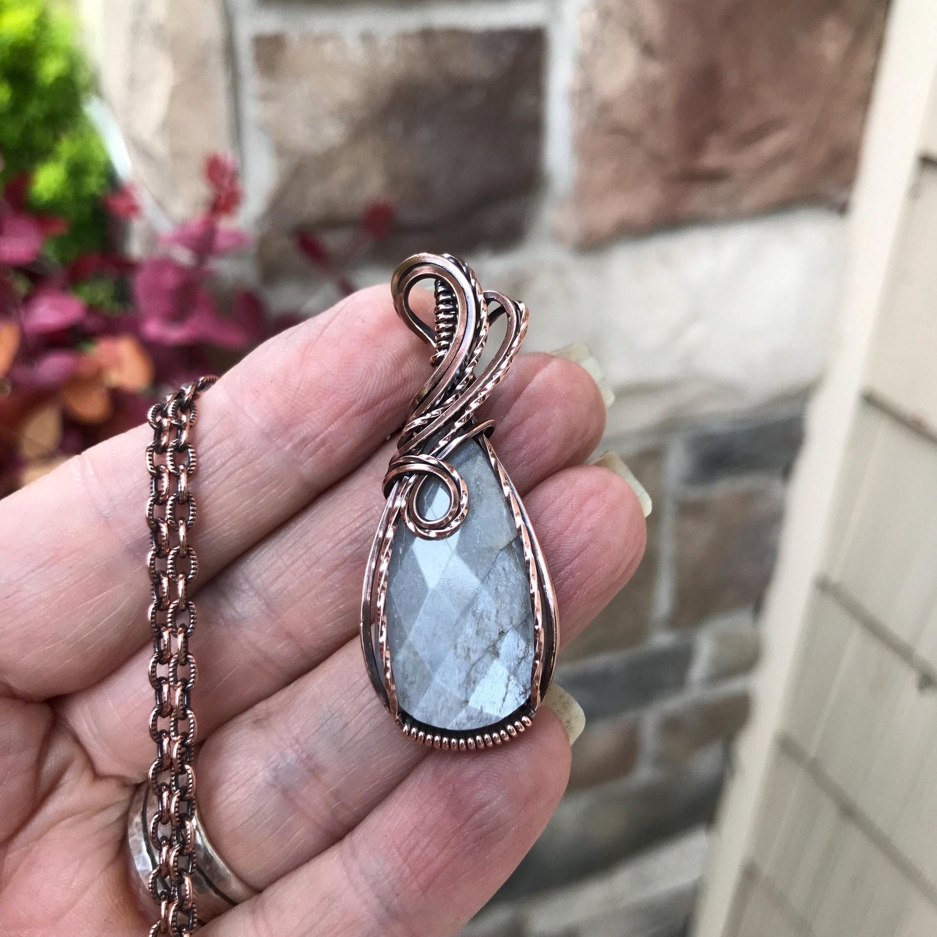 Gray Faceted Moonstone Copper Pendant