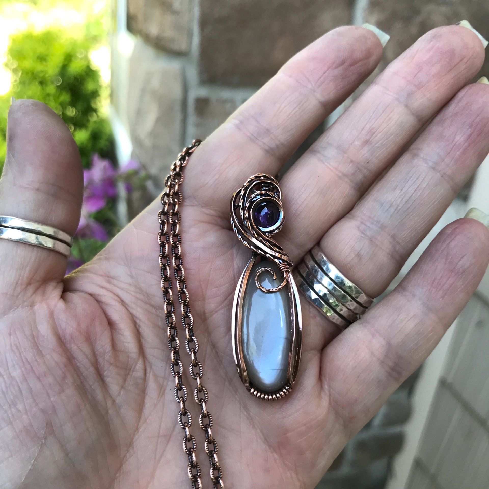 Gray Moonstone & Amethyst Slender Oval Copper Pendant