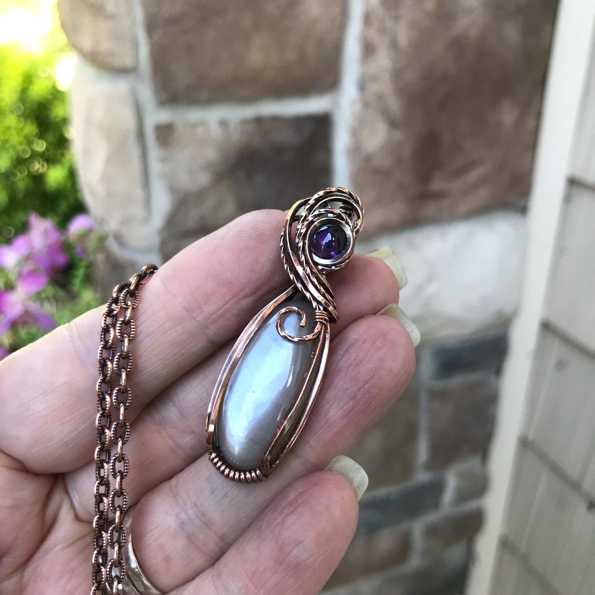 Gray Moonstone & Amethyst Slender Oval Copper Pendant