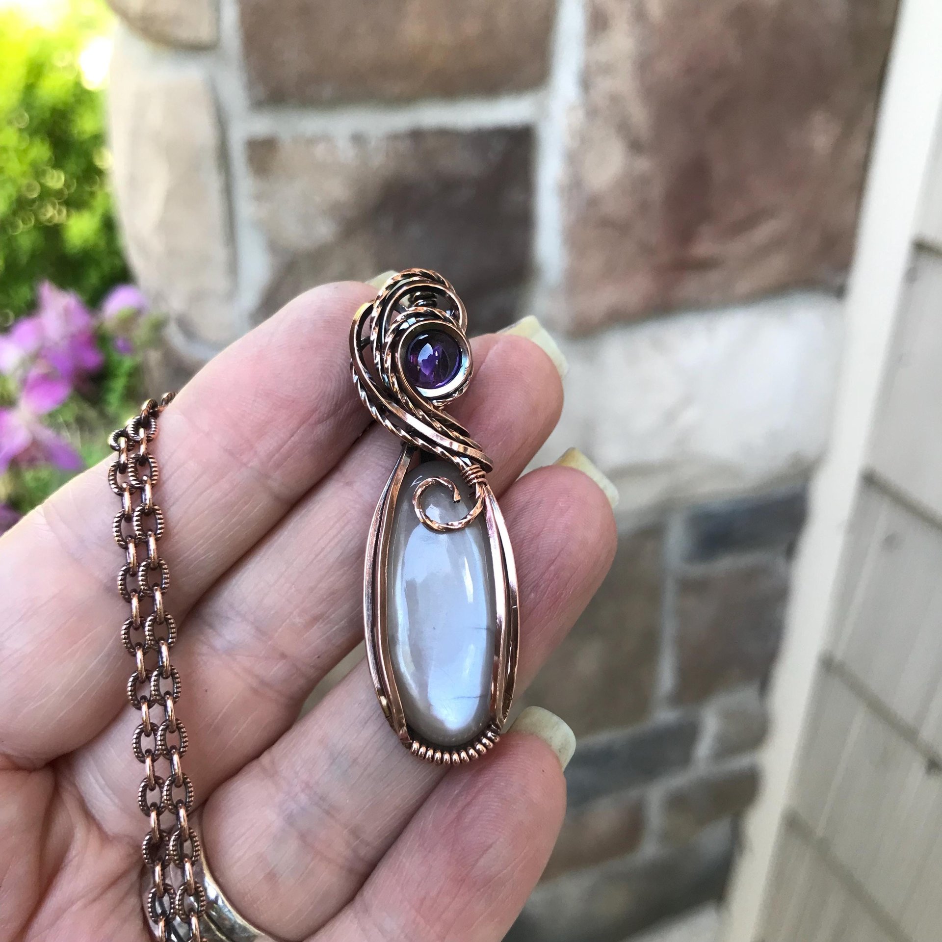 Gray Moonstone & Amethyst Slender Oval Copper Pendant