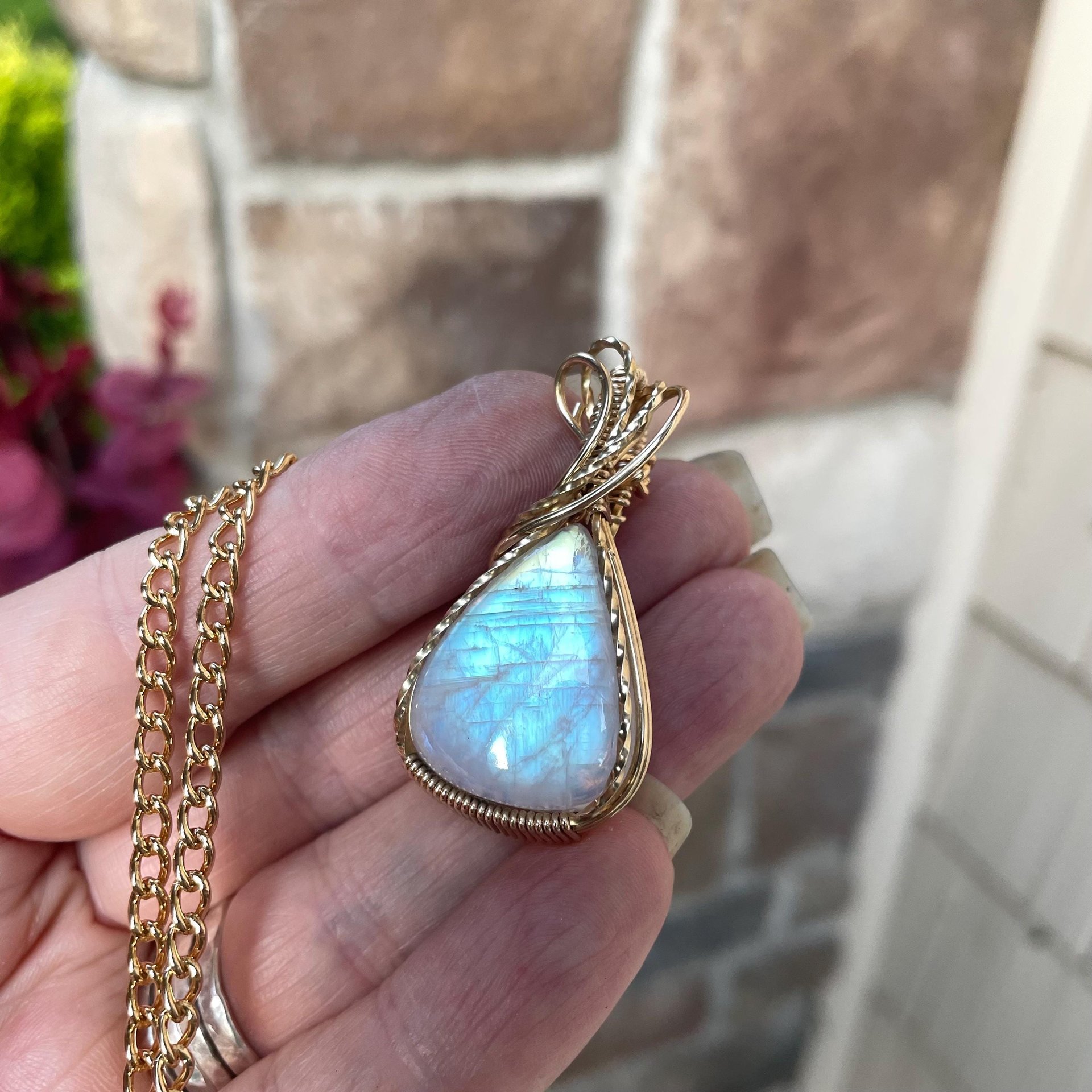 Rainbow Moonstone Brass Pendant