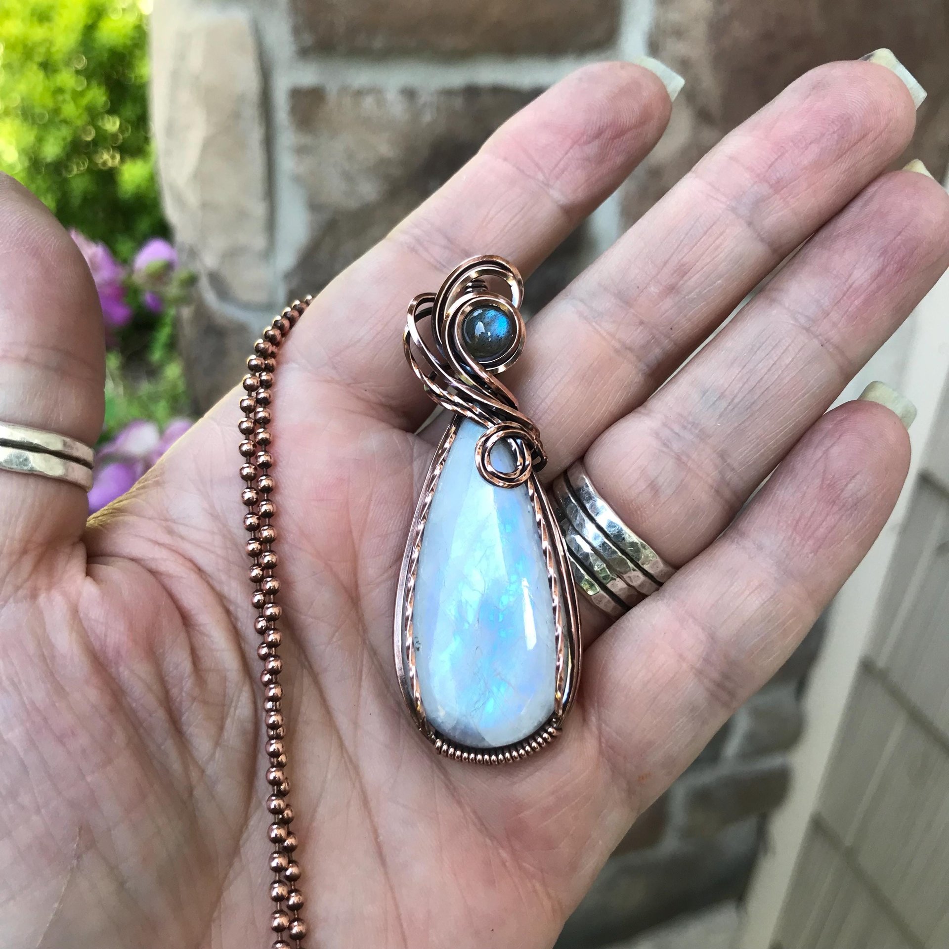 Rainbow Moonstone & Labradorite Teardrop Copper Pendant
