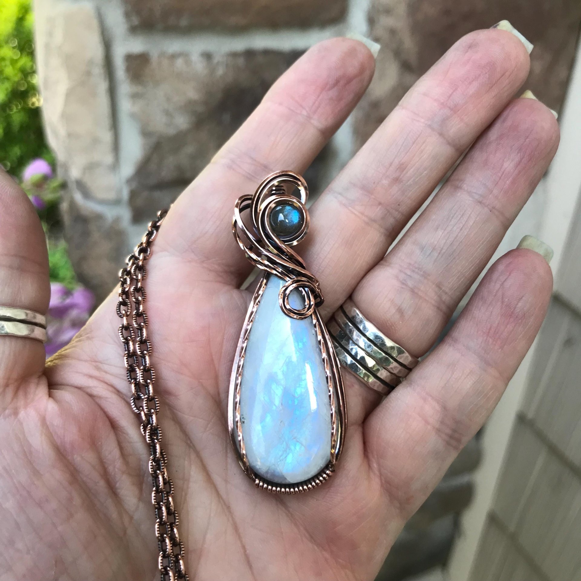 Rainbow Moonstone & Labradorite Teardrop Copper Pendant