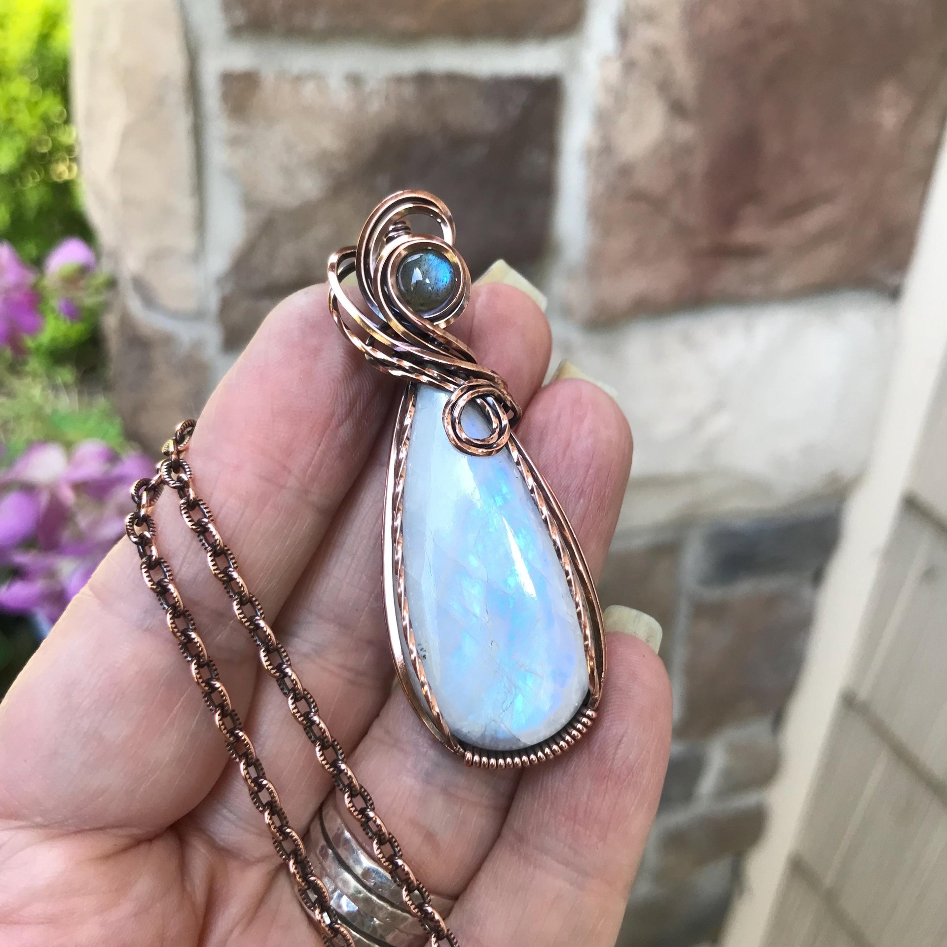 Rainbow Moonstone & Labradorite Teardrop Copper Pendant