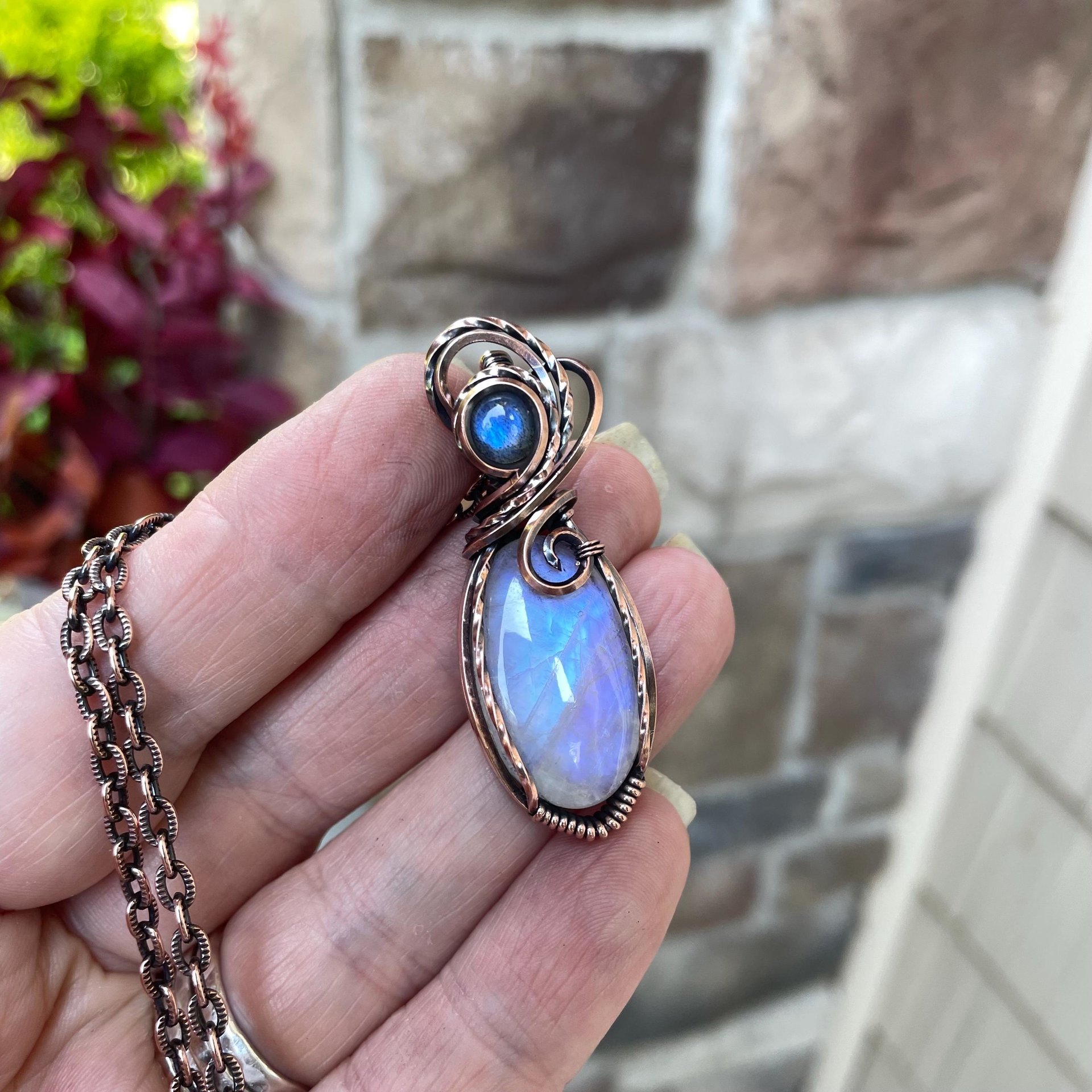 SOLD - Rainbow Moonstone & Labradorite Copper Pendant