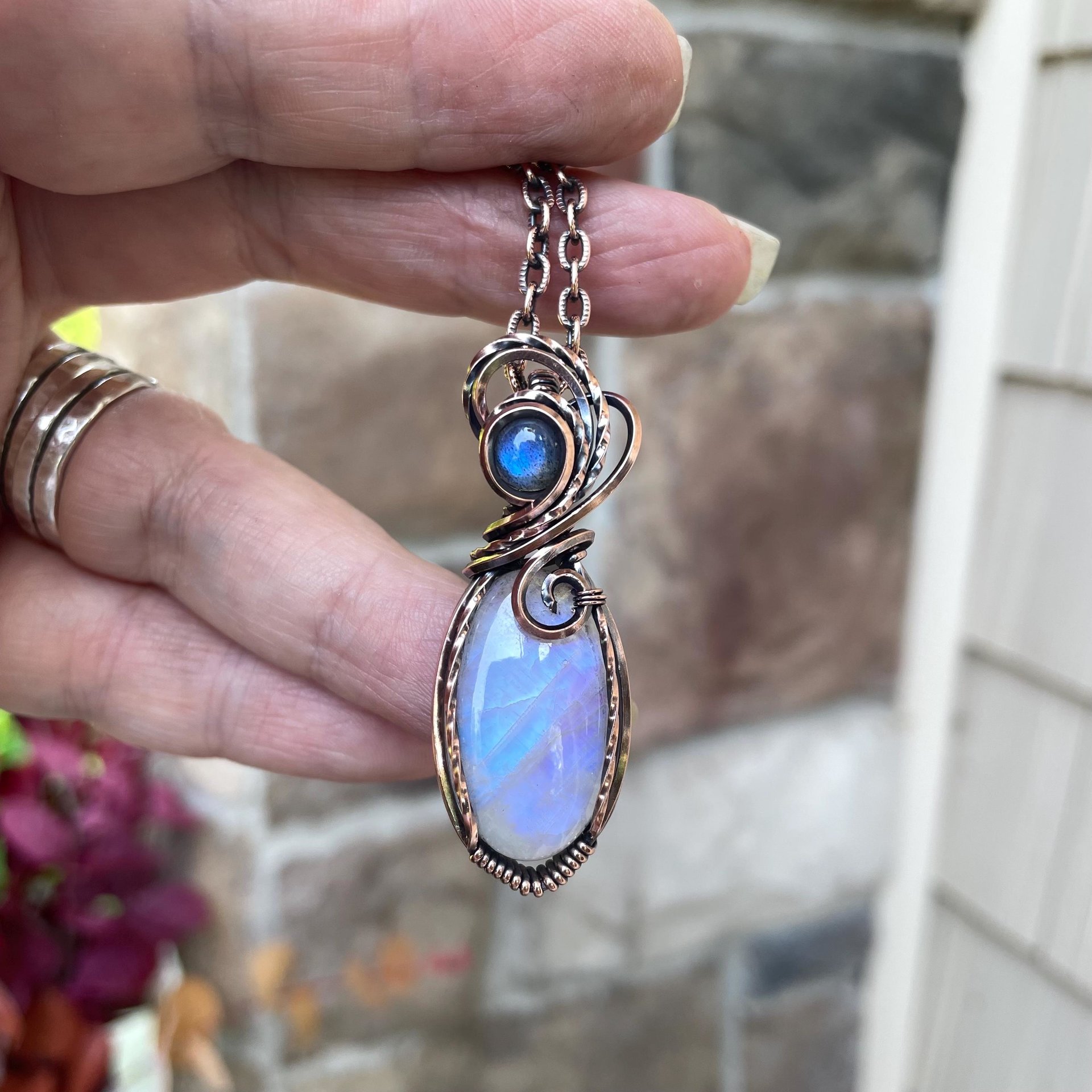 SOLD - Rainbow Moonstone & Labradorite Copper Pendant
