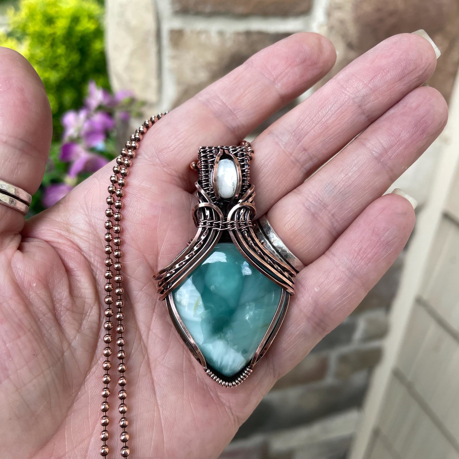 SOLD Blue Hemimorphite & Moonstone Copper Pendant with Weaving