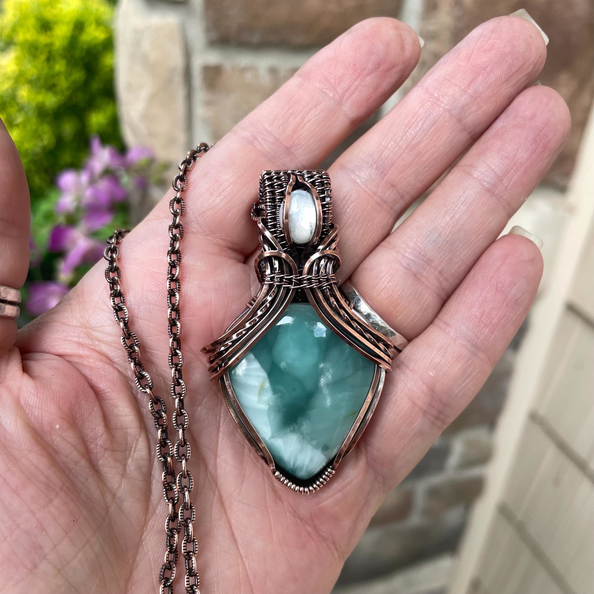 SOLD Blue Hemimorphite & Moonstone Copper Pendant with Weaving