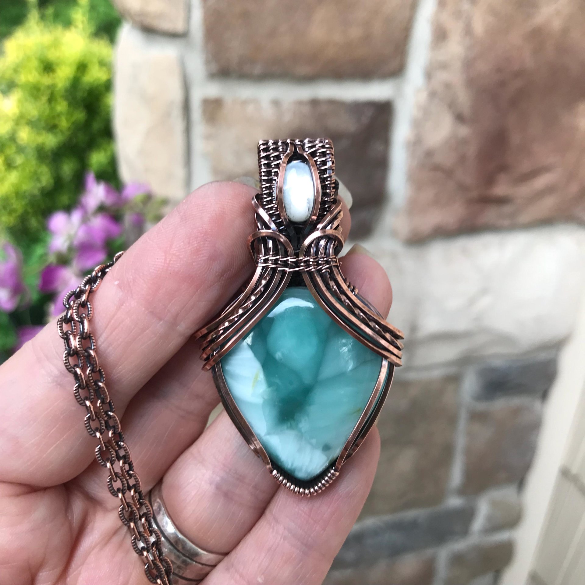 SOLD Blue Hemimorphite & Moonstone Copper Pendant with Weaving