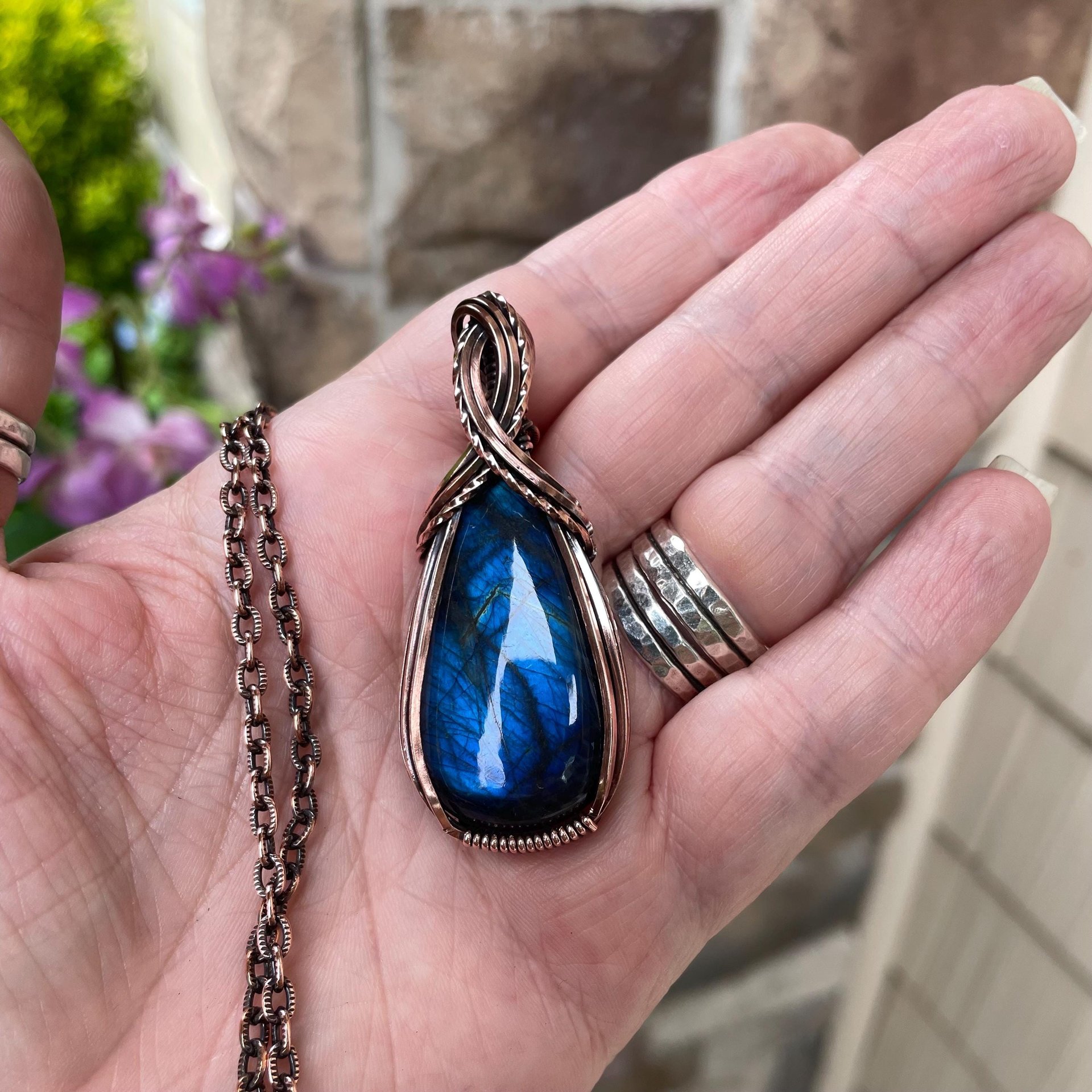 Blue Labradorite Criss Cross Copper Pendant