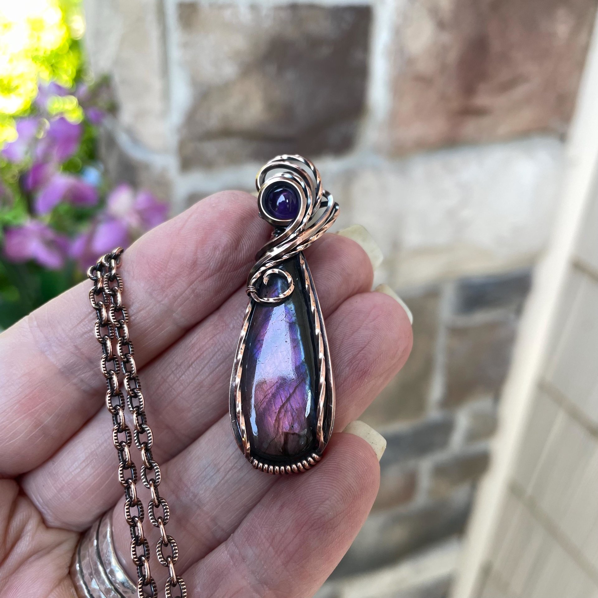 Pink Purple Labradorite & Amethyst Copper Pendant