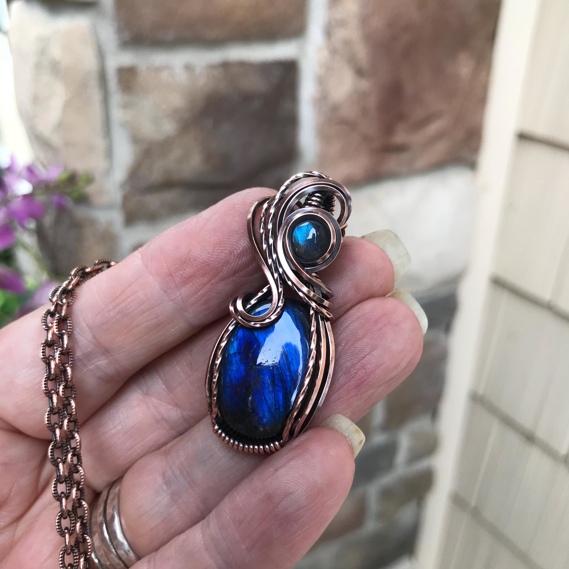 Blue Labradorite Oval Copper Pendant