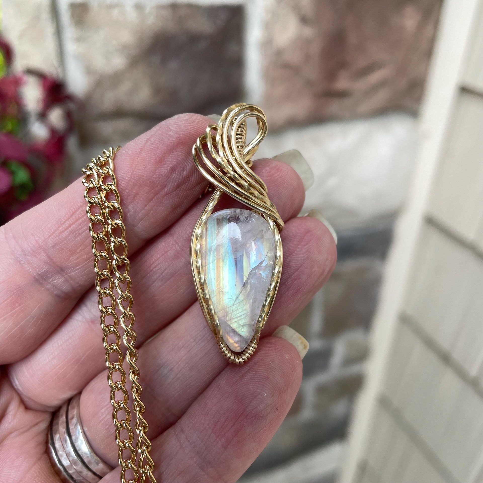 Rainbow Moonstone Teardrop Brass Necklace