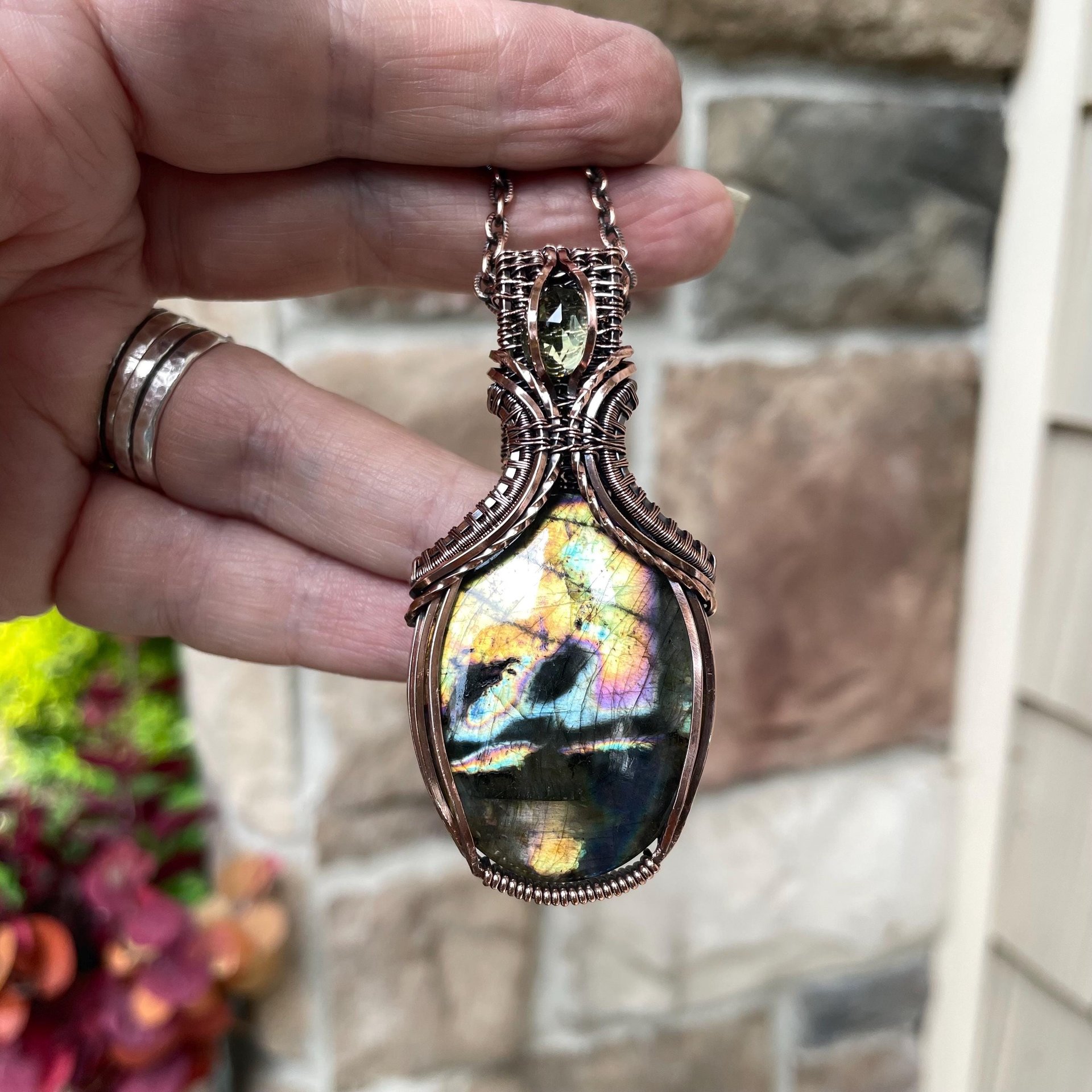 Yellow Orange Labradorite & Lemon Quartz Copper Pendant with Weaving