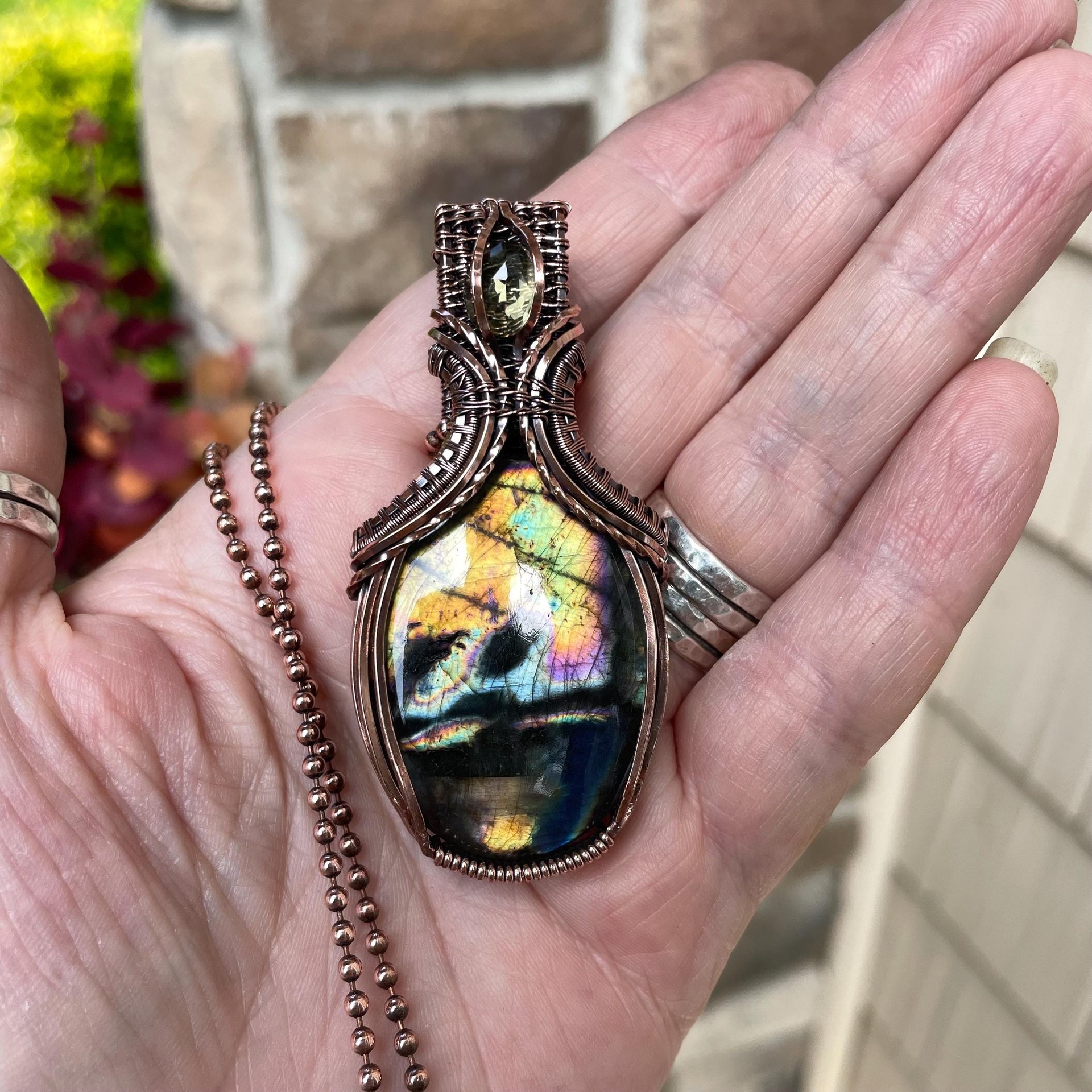 Yellow Orange Labradorite & Lemon Quartz Copper Pendant with Weaving
