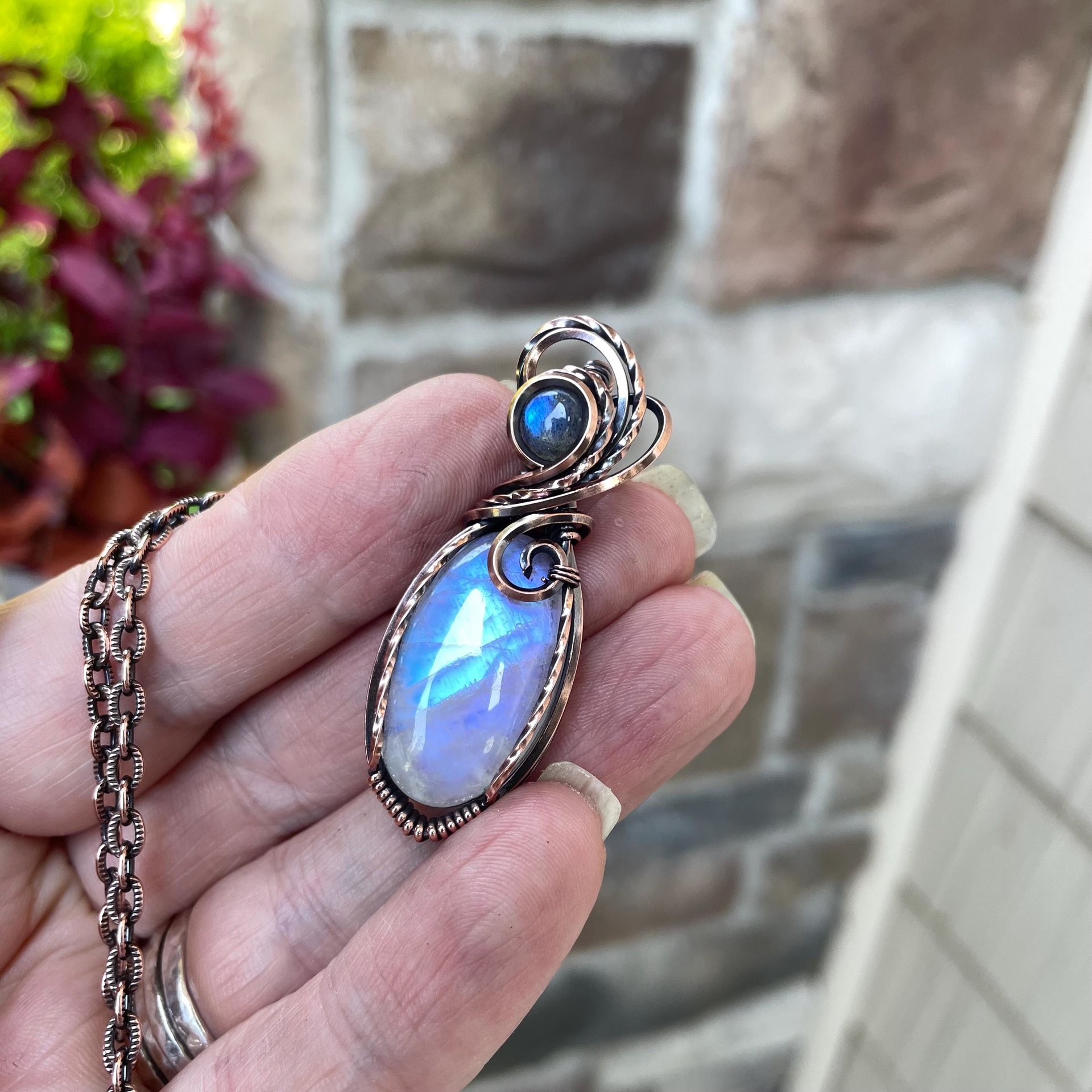 SOLD - Rainbow Moonstone & Labradorite Copper Pendant