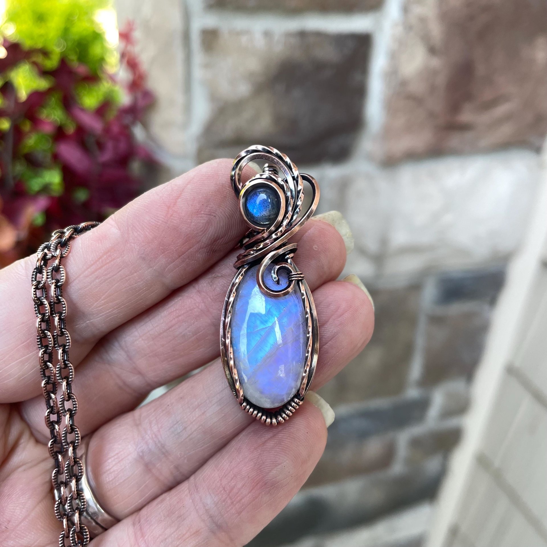 SOLD - Rainbow Moonstone & Labradorite Copper Pendant