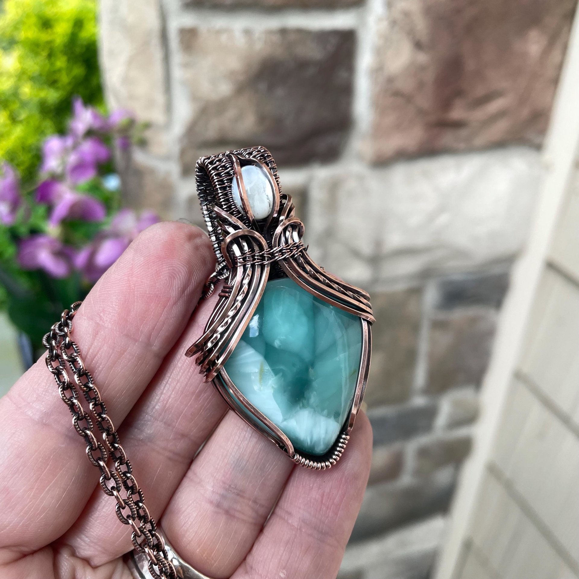 SOLD Blue Hemimorphite & Moonstone Copper Pendant with Weaving