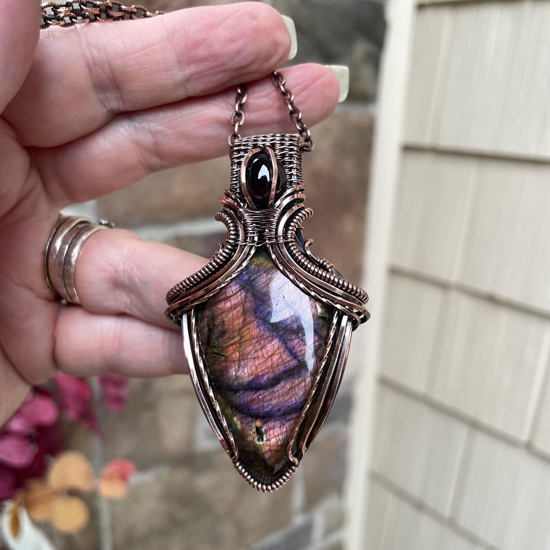 Purple Maroon Labradorite & Garnet Copper Pendant with Weaving