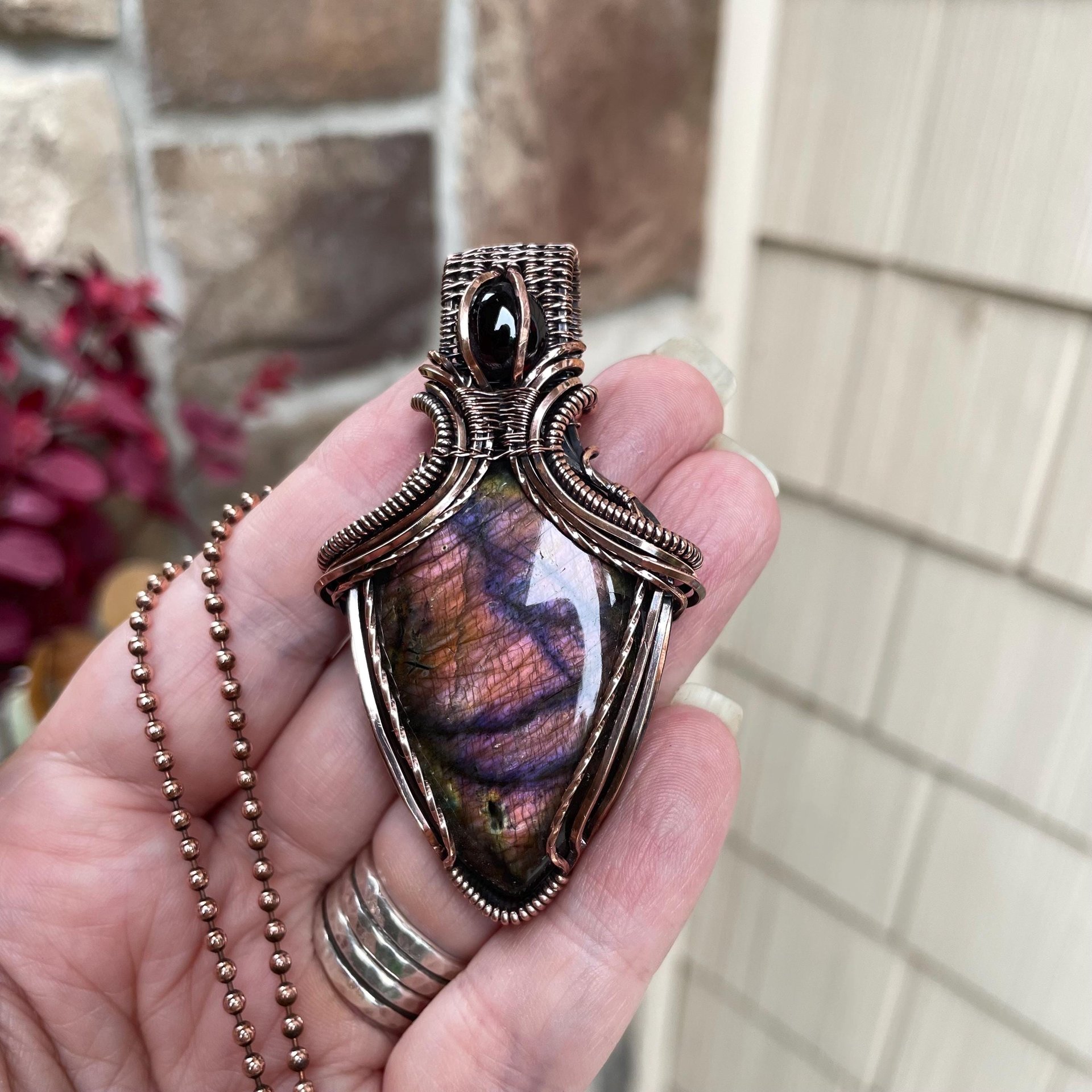Purple Maroon Labradorite & Garnet Copper Pendant with Weaving