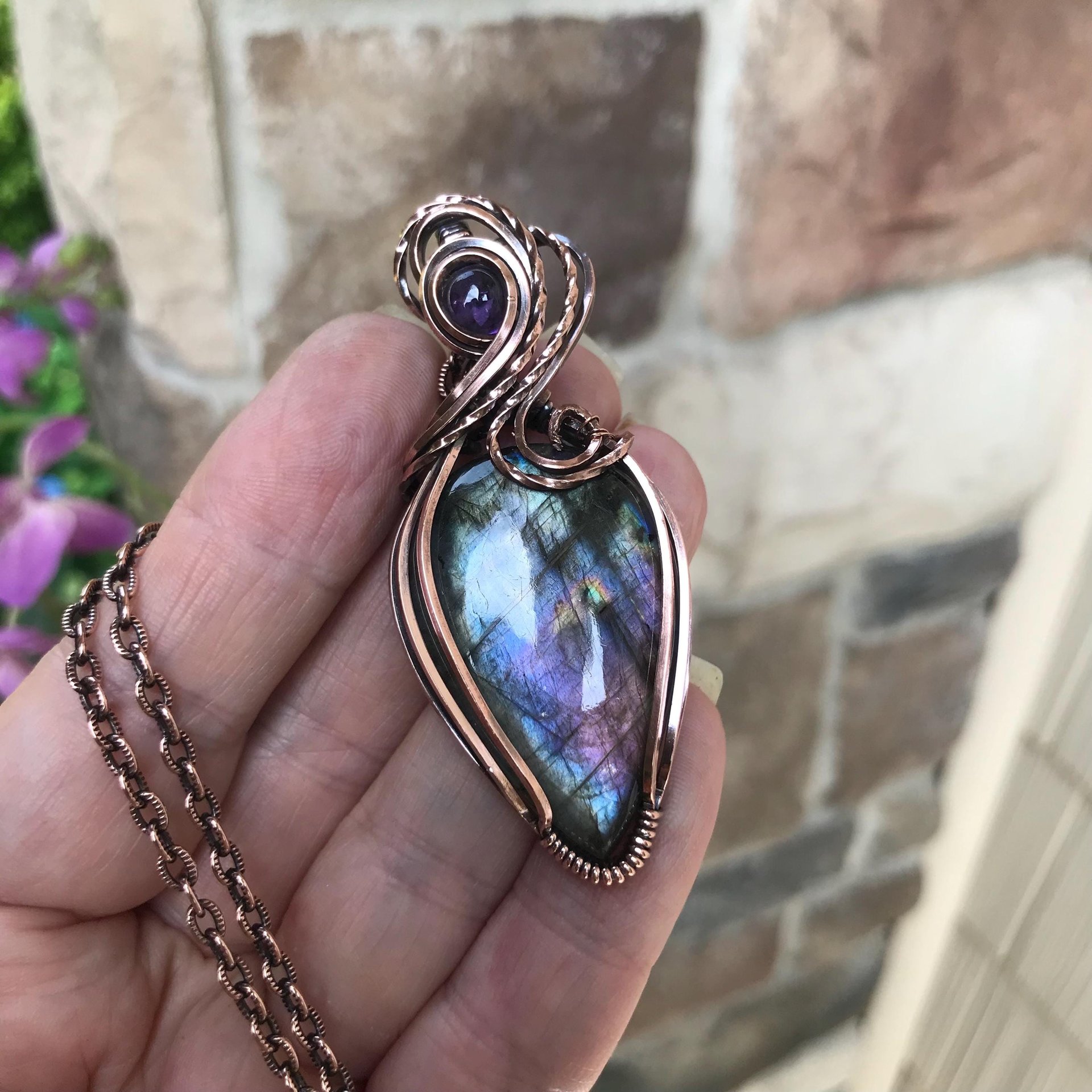 Blue Purple Labradorite & Amethyst Copper Pendant