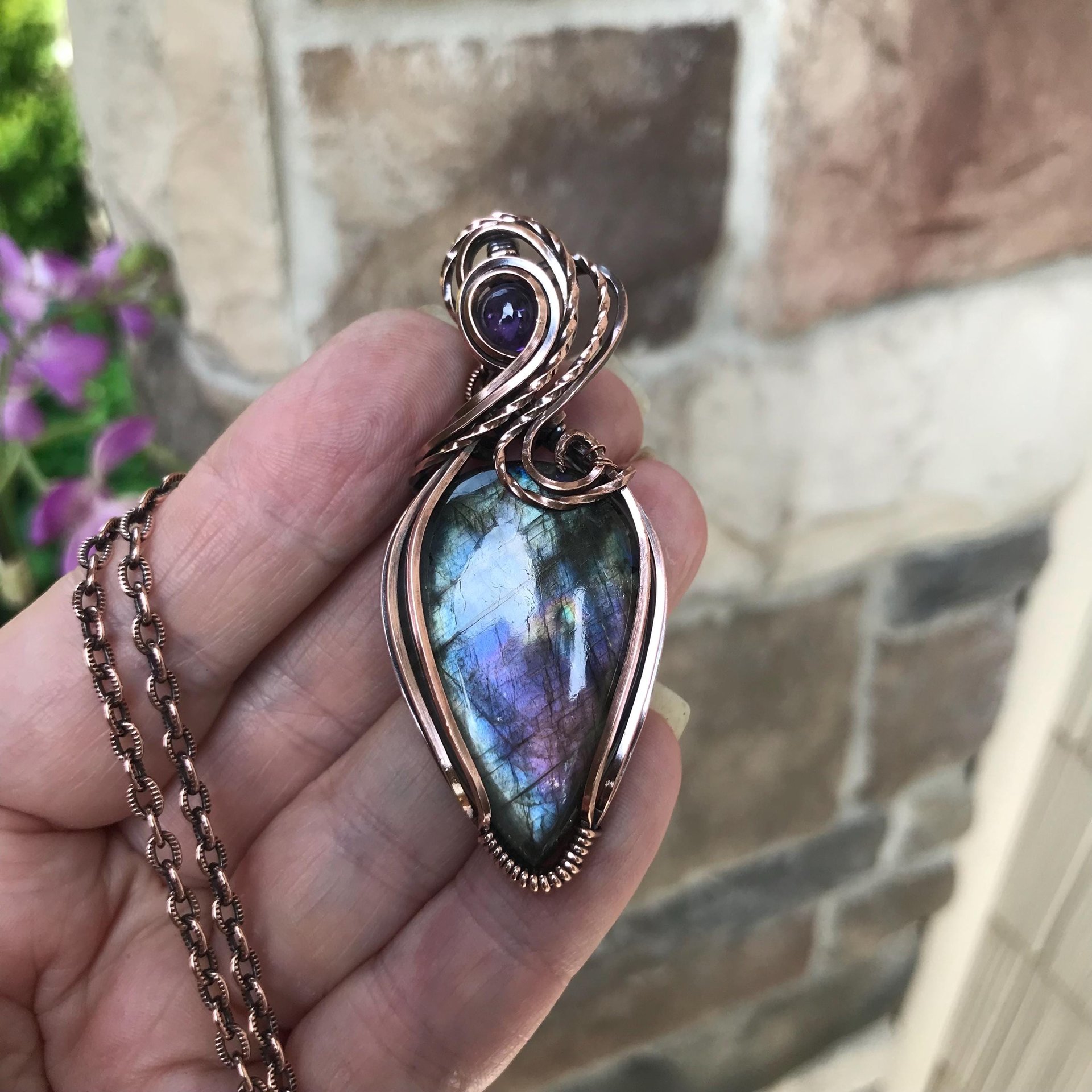 Blue Purple Labradorite & Amethyst Copper Pendant