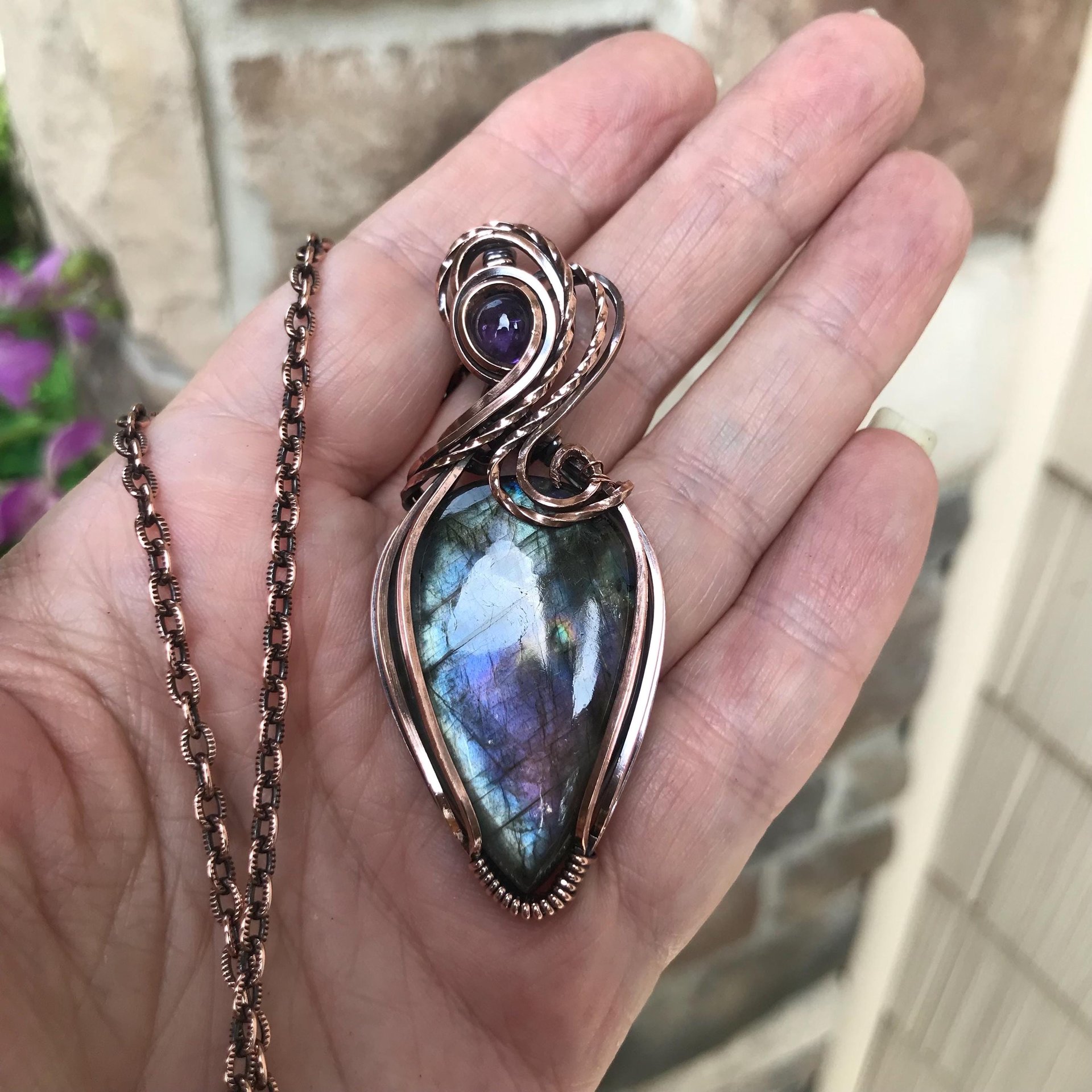 Blue Purple Labradorite & Amethyst Copper Pendant