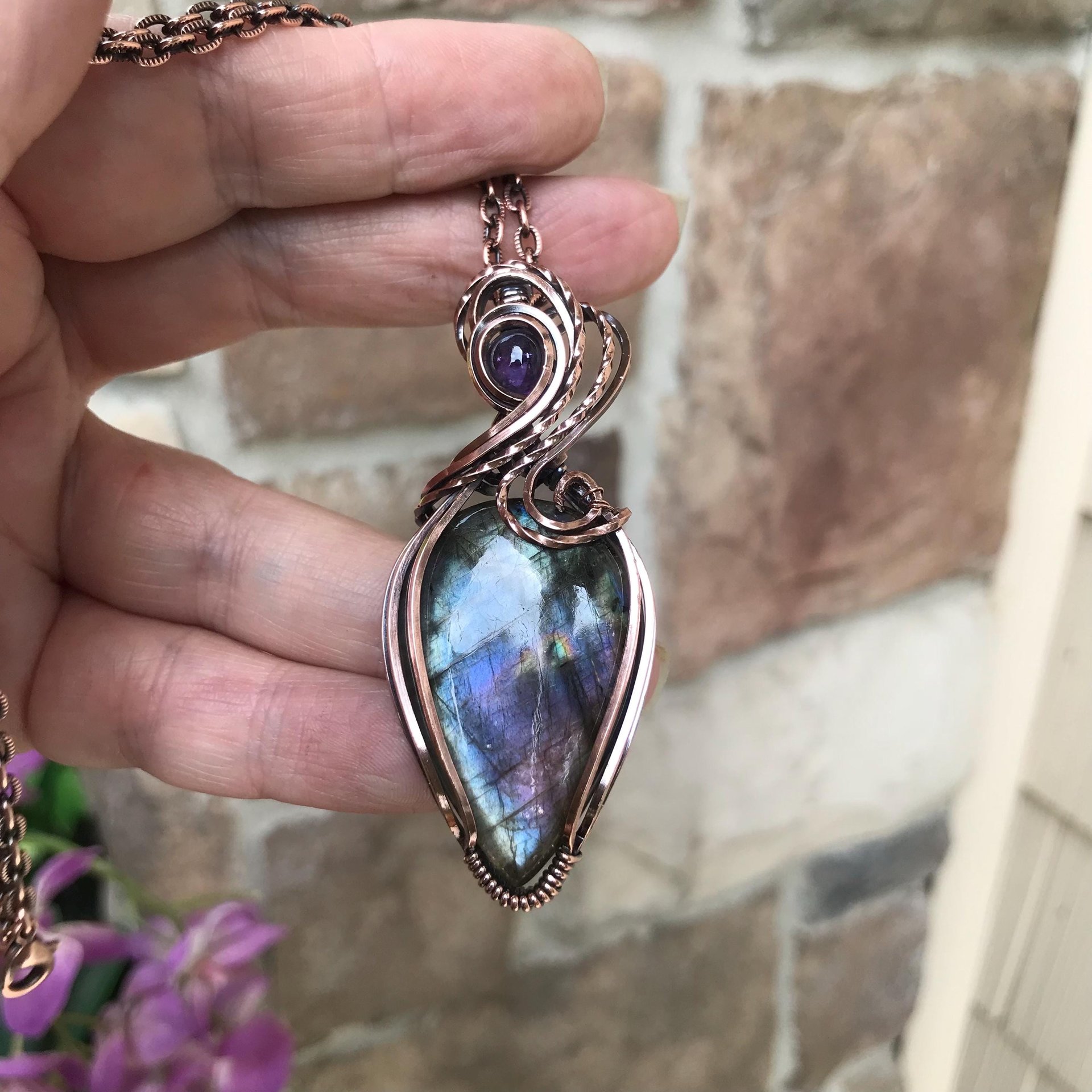 Blue Purple Labradorite & Amethyst Copper Pendant