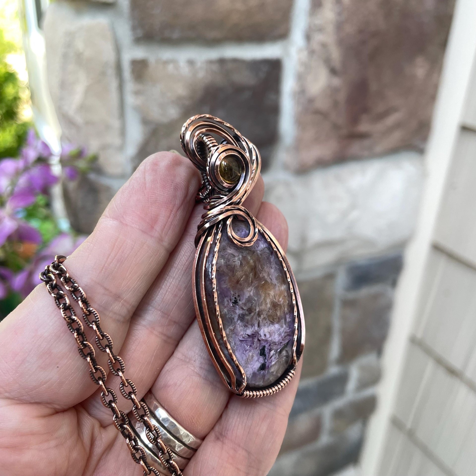 Charoite & Citrine Oval Copper Pendant