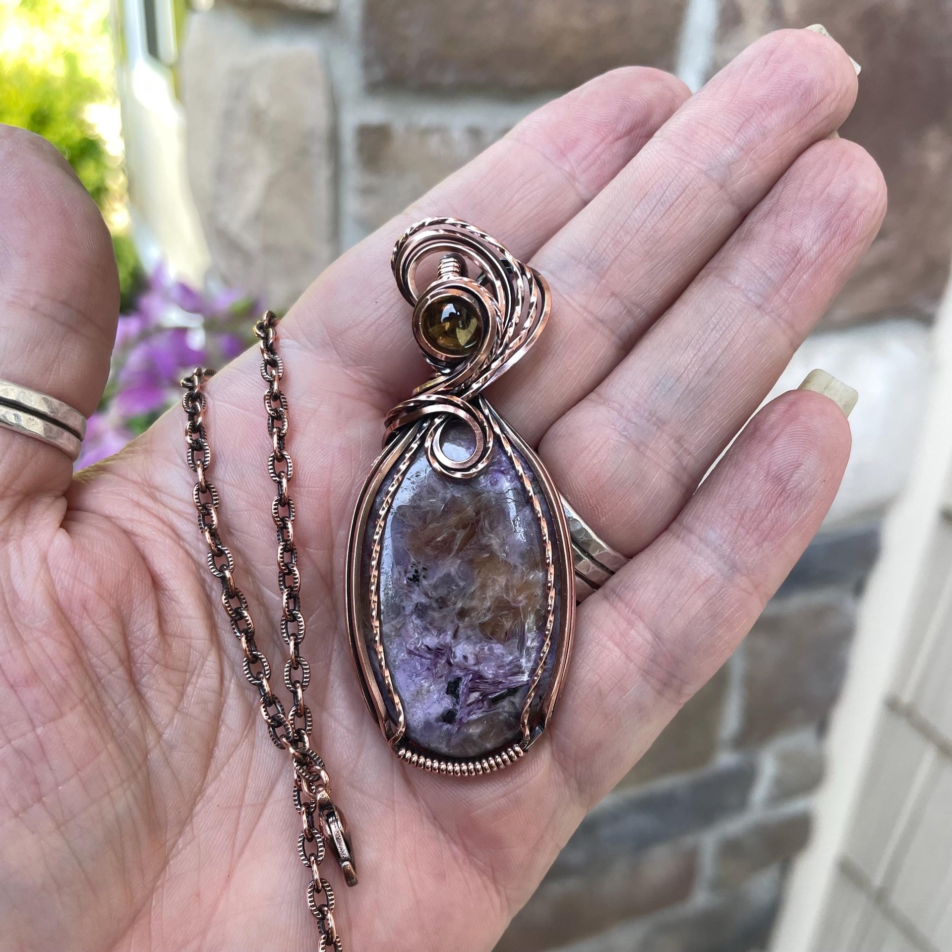 Charoite & Citrine Oval Copper Pendant