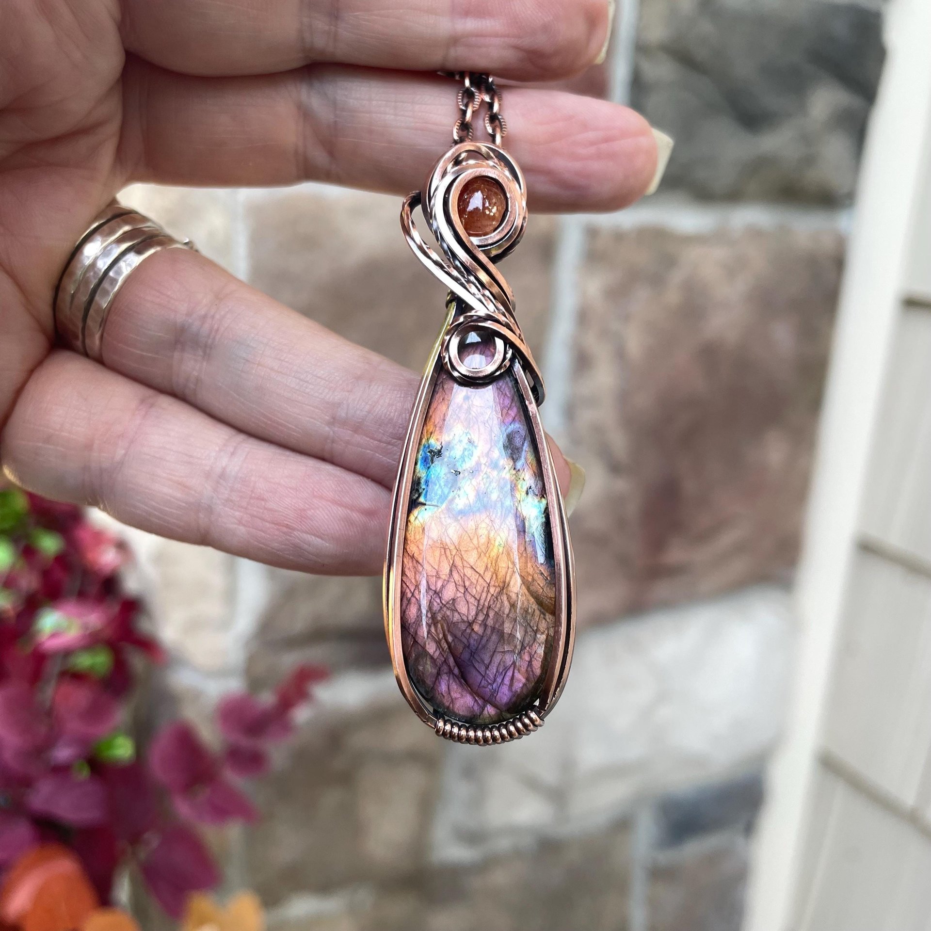 Orange Purple Labradorite & Sunstone Copper Pendant