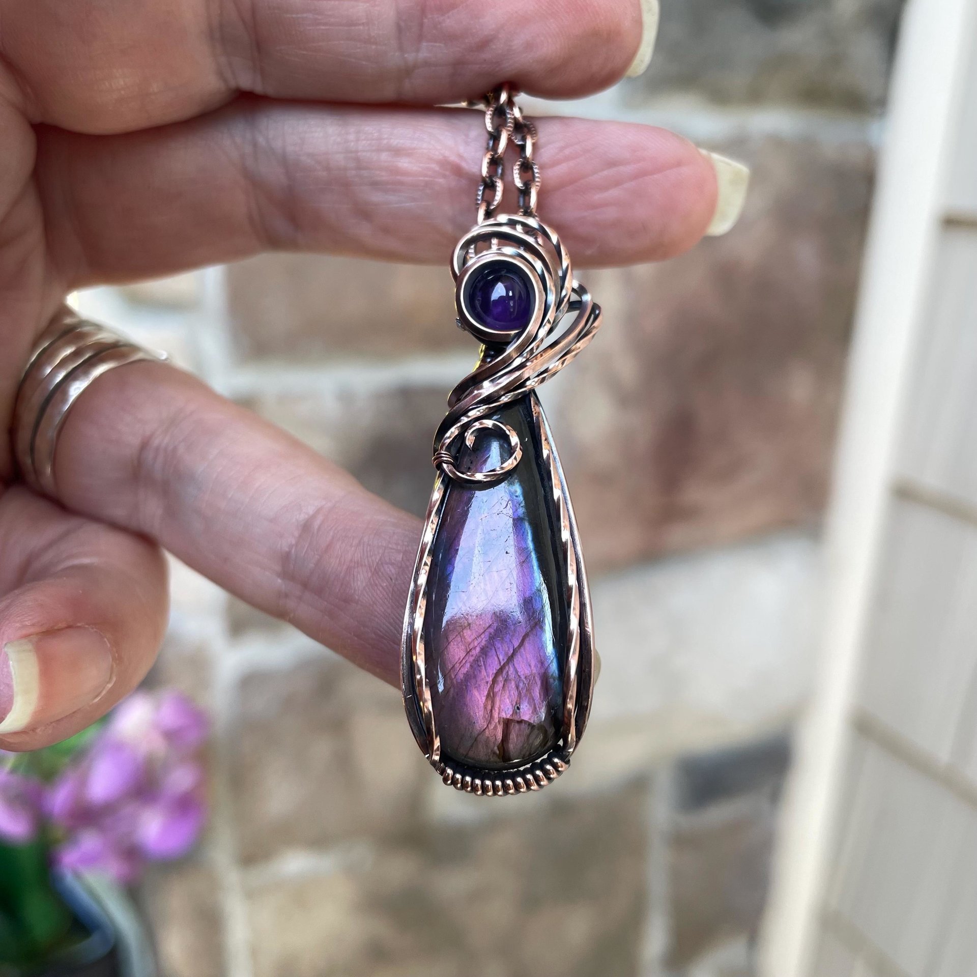 Pink Purple Labradorite & Amethyst Copper Pendant