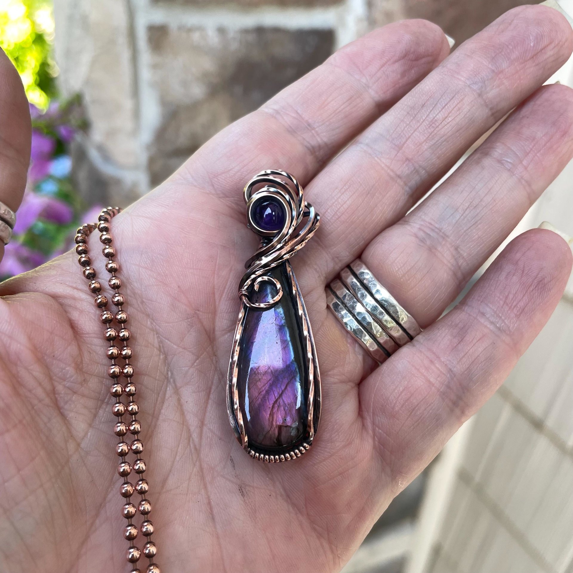 Pink Purple Labradorite & Amethyst Copper Pendant