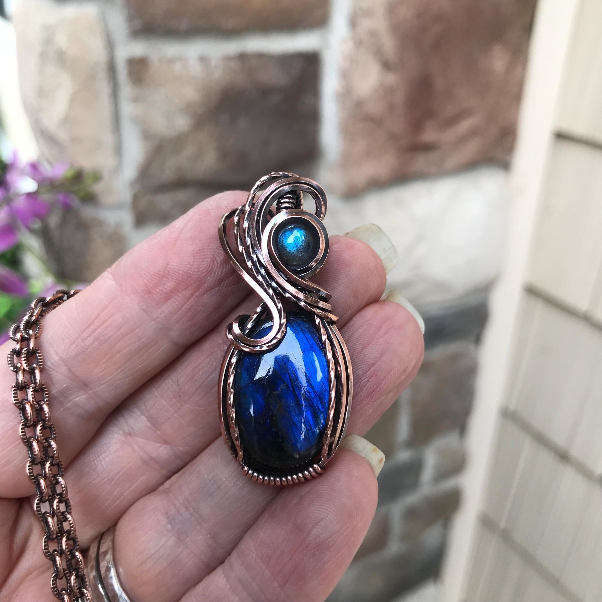 Blue Labradorite Oval Copper Pendant