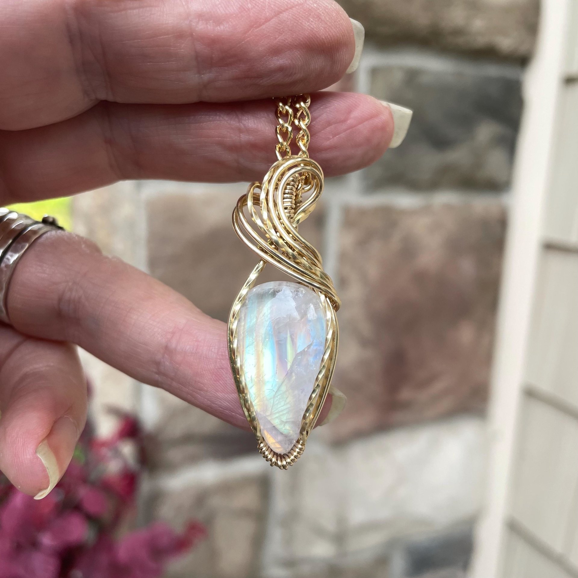Rainbow Moonstone Teardrop Brass Necklace