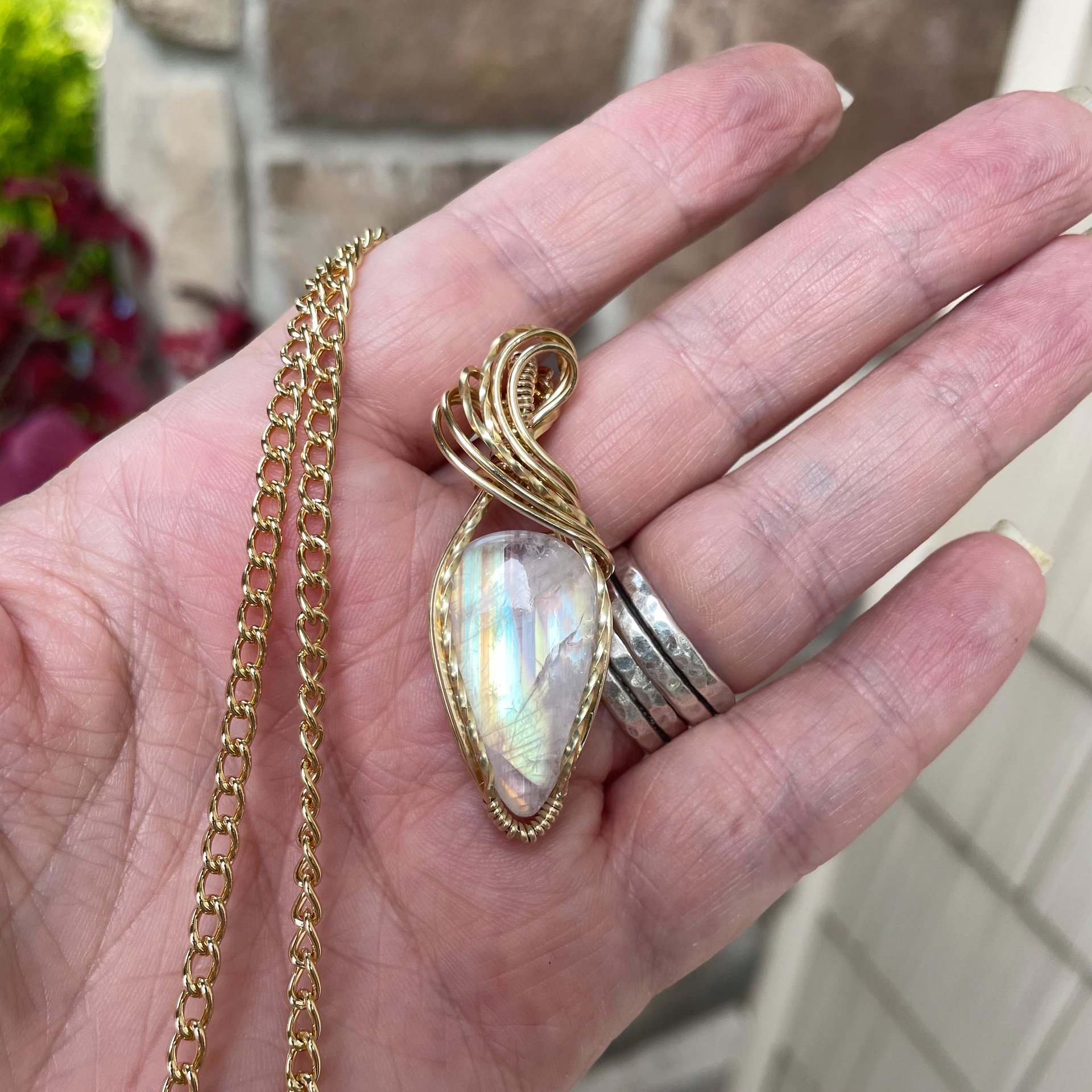 Rainbow Moonstone Teardrop Brass Necklace